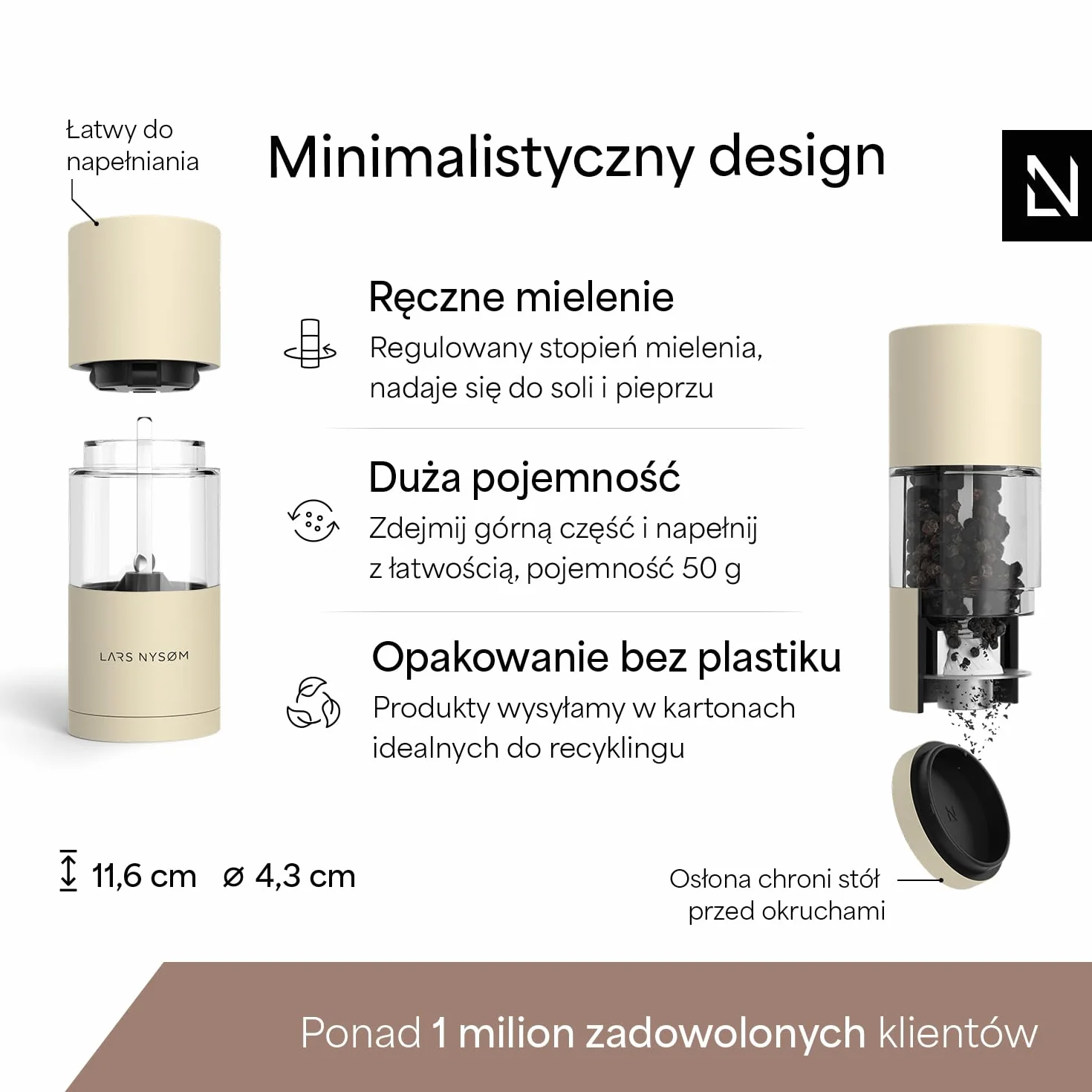 LARS NYSØM Zestaw młynków do soli i pieprzu ze stali nierdzewnej z ceramicznym mechanizmem 2 sztuki Almond Beige