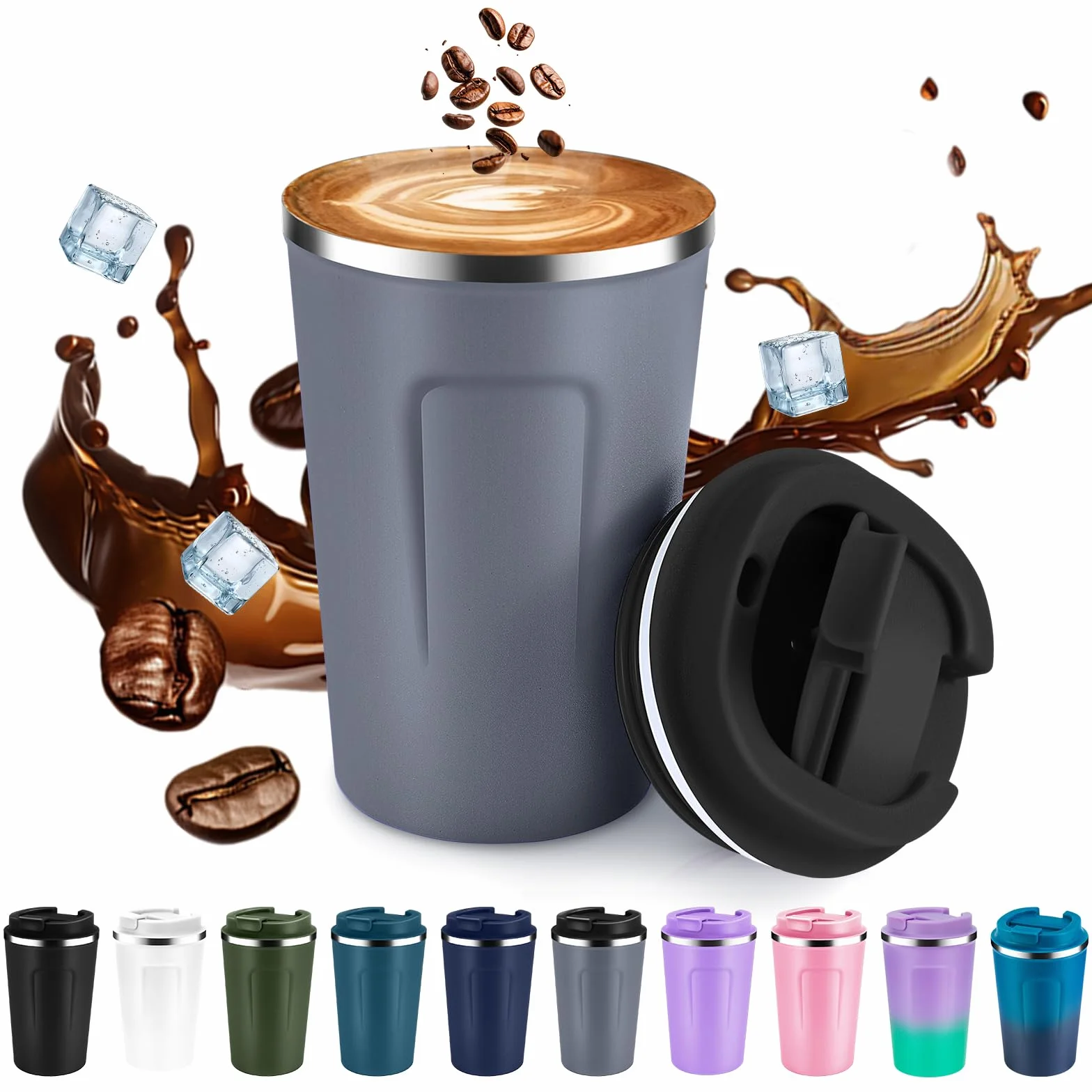 Volhoply 340 ml 350 ml izolowany próżniowy kubek do kawy z podwójną ścianką z klapką wielokrotnego użytku, szczelny kubek do kawy ze stali nierdzewnej, kubek termiczny do mrożonej kawiarni, odpowiedni