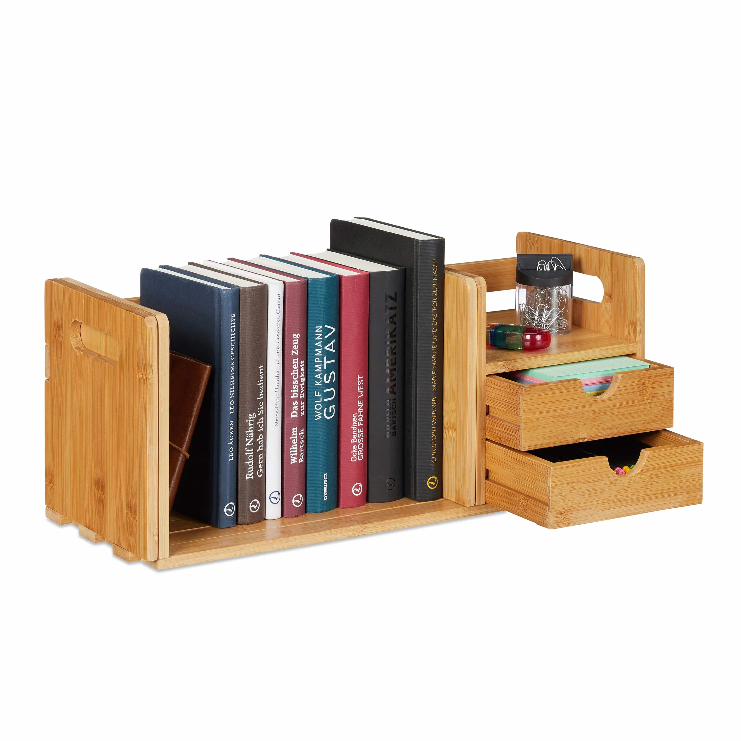 Relaxdays Organizer na biurko bambusowy 2 szuflady wysuwany regał na książki 21x80,5x19 cm naturalny