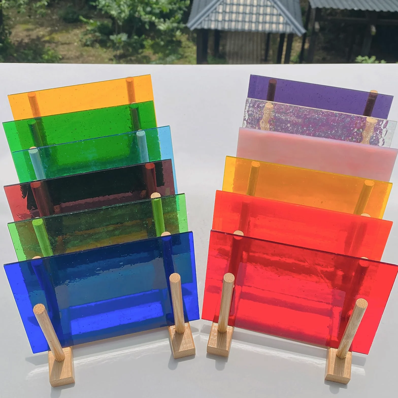 ILLUCKAI 12 arkuszy tęczowego przezroczystego witrażu, 10 x 15 cm, materiały witrażowe, opalizujące szkło artystyczne do projektów witrażowych i tworzenia mozaiki