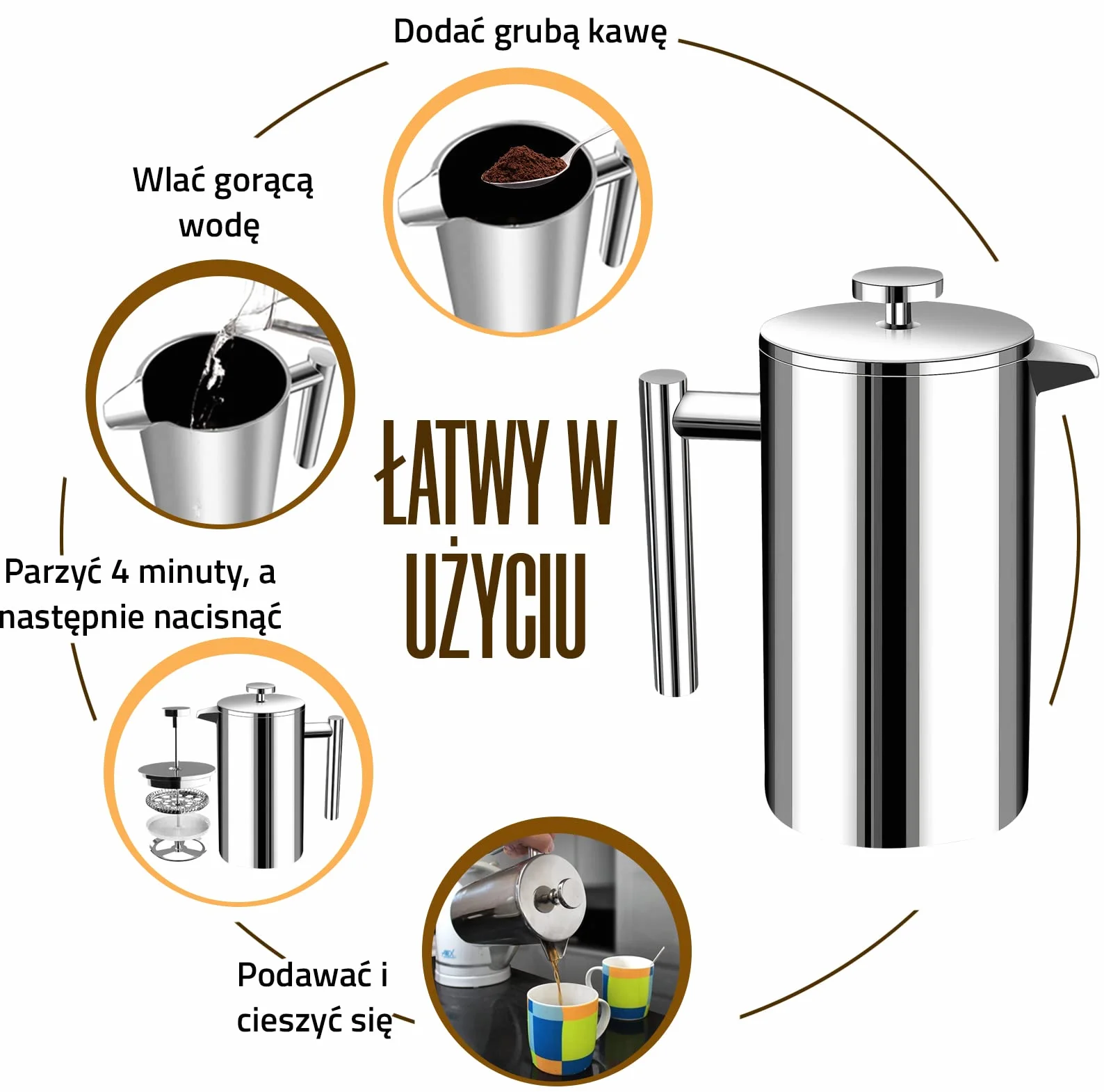 KICHLY Ekspres do kawy ze stali nierdzewnej 34 oz (1,0 litra) z potrójnymi filtrami