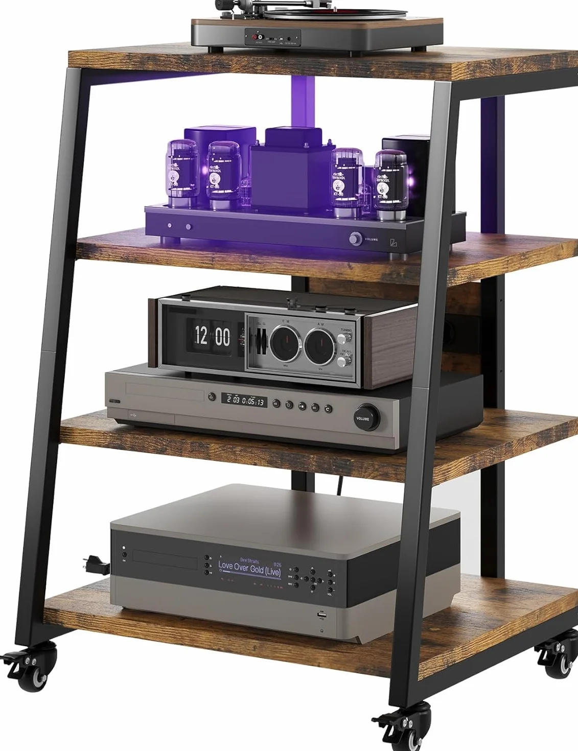 HIFI Stojak na gramofon, 4-poziomowe drewniane półki z listwami zasilającymi, światła LED, kółka, regulacja wysokości, stojak na nośniki AV, stojak na audio, do gramofonu, drukarki, Sky Box/telewizora