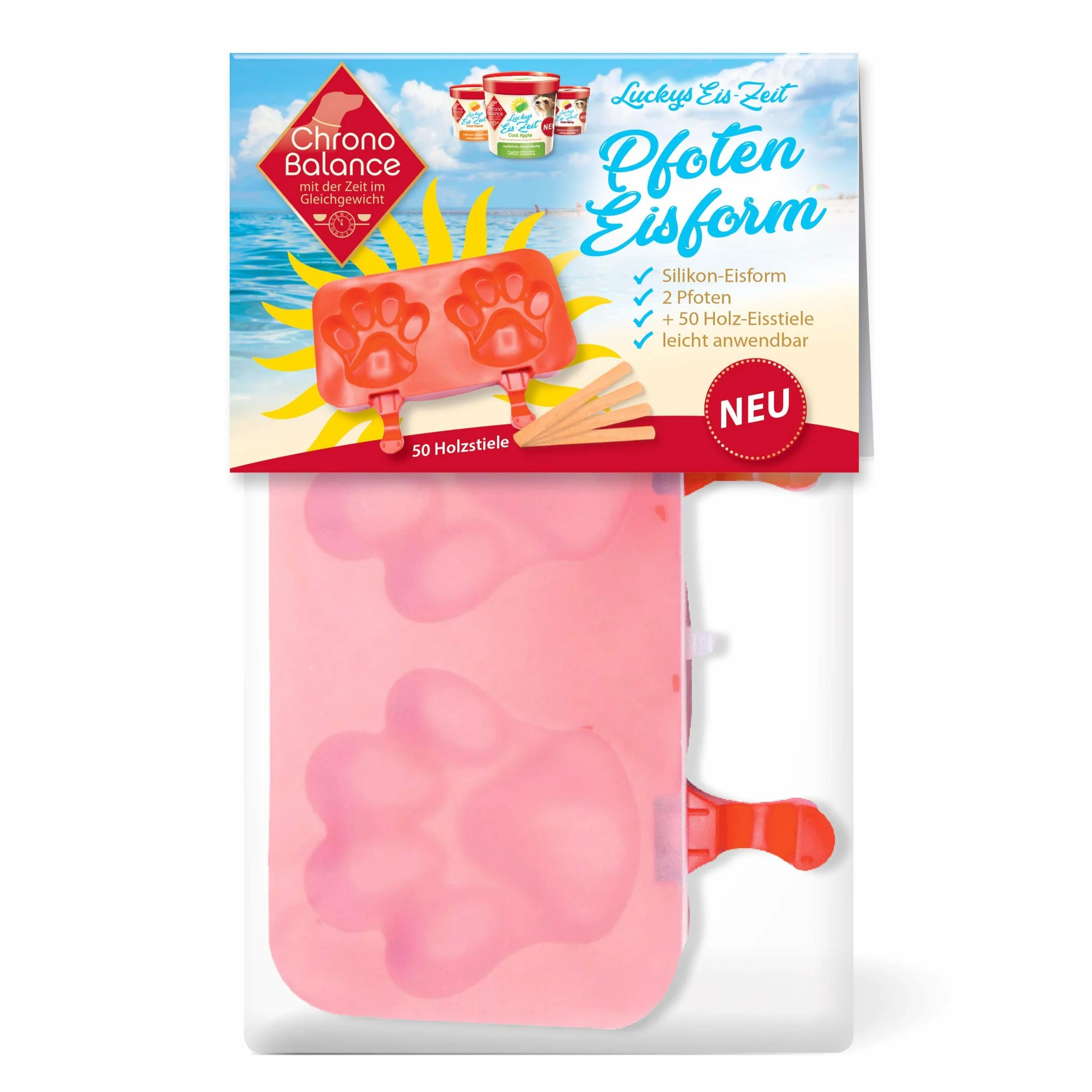 Foremka do lodu dla psa z silikonu, nie zawiera BPA, z 50 drewnianymi łodygami gratis, 2 formy do łap, łatwe zastosowanie (2 łapy, czerwona)