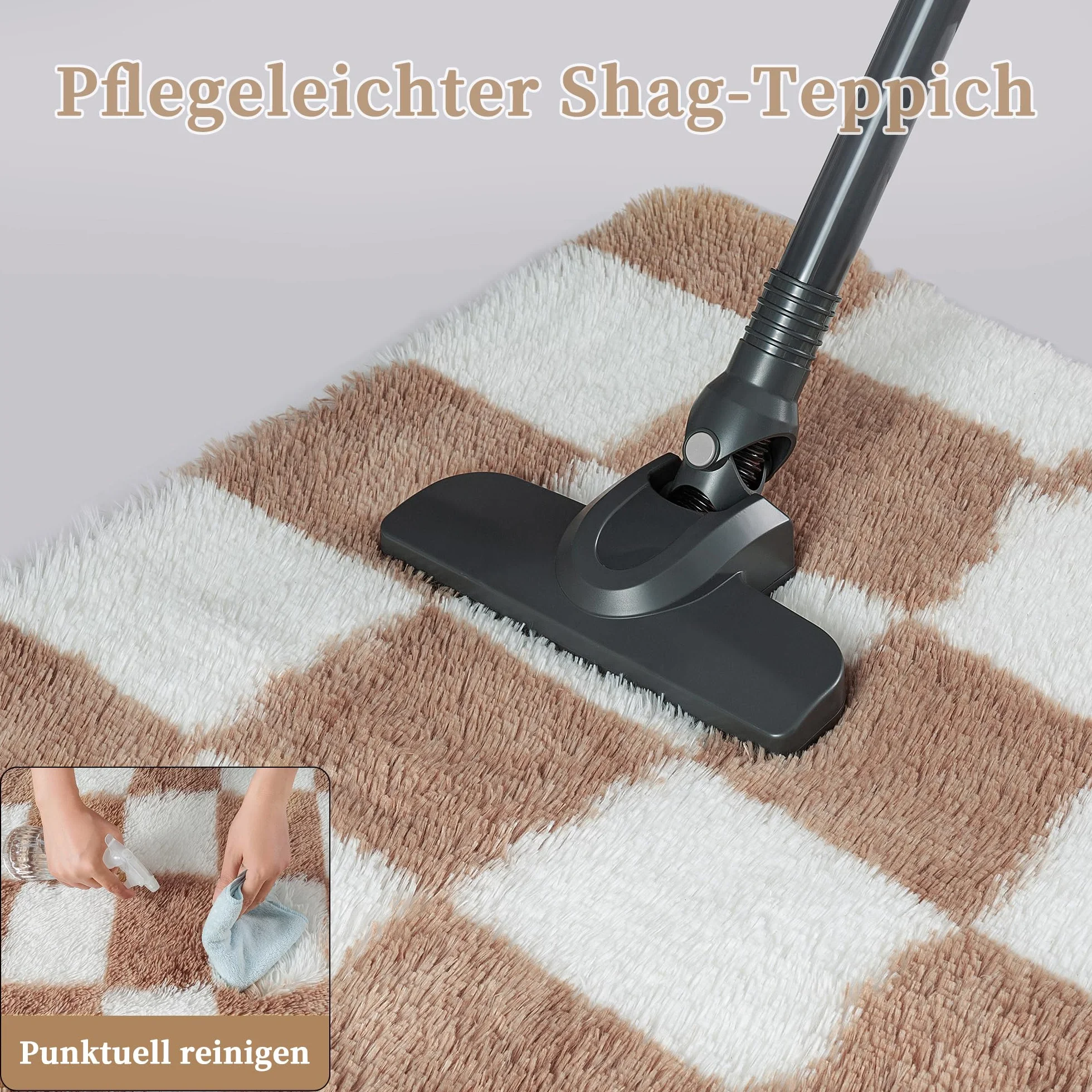 HUGEAR Okrągły dywan shaggy w kratkę 150 cm brązowo-biały antypoślizgowy do pokoju dziecięcego
