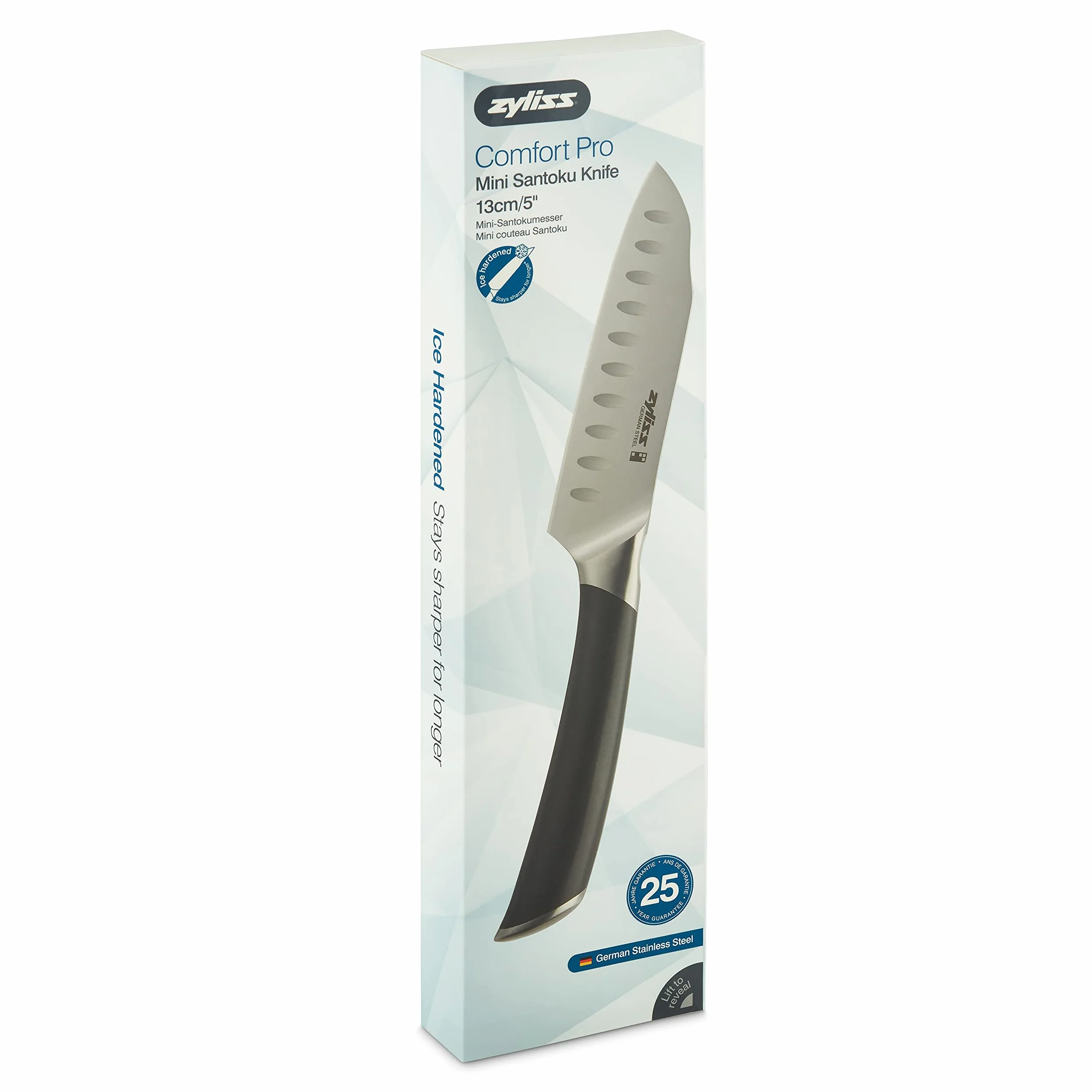 Zyliss Comfort Pro Mini nóż Santoku, kuty niemiecki nóż ze stali nierdzewnej, czarny uchwyt z podpórką na palce, nóż kuchenny