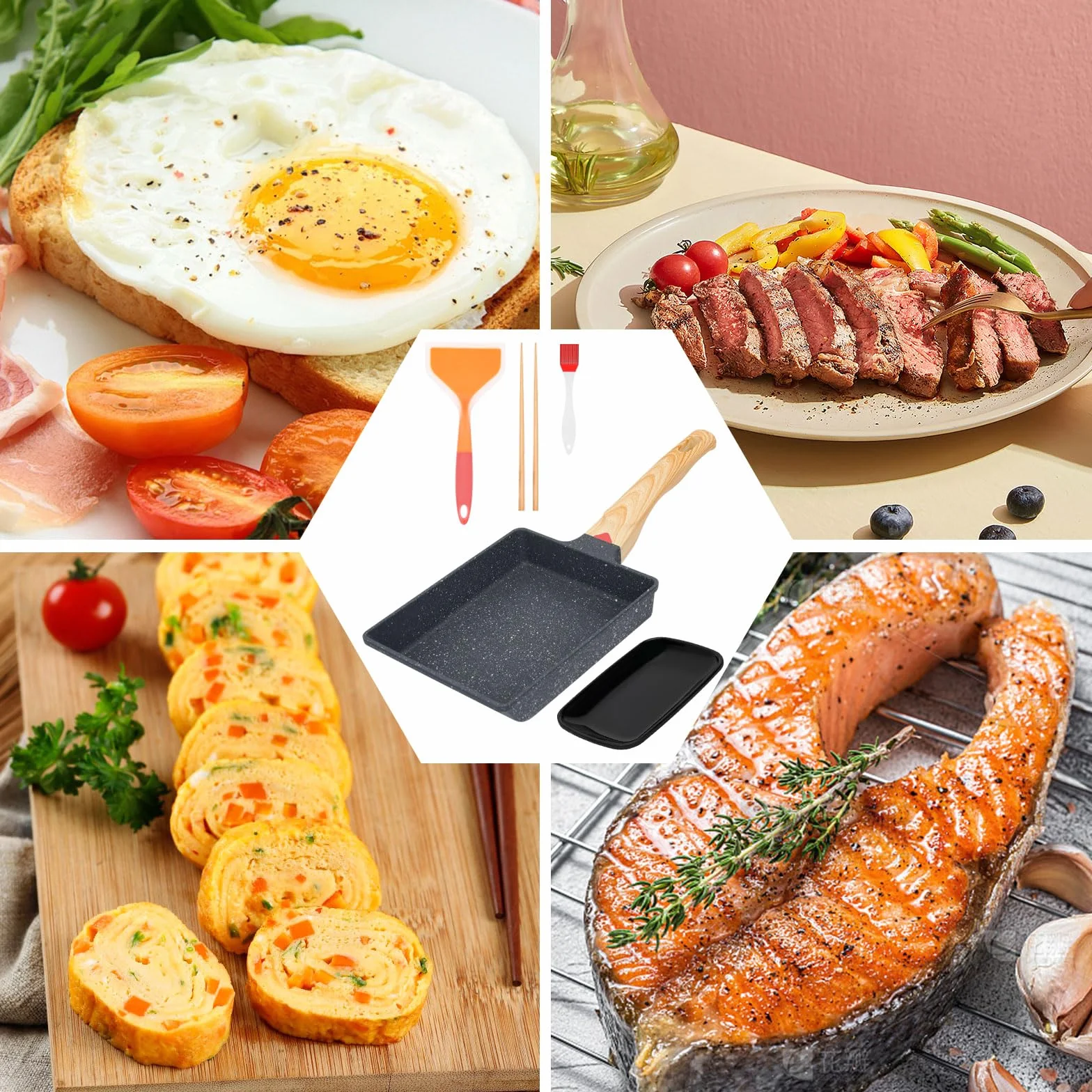 Tamagoyaki patelnia japońska do omletów, nieprzywierająca, prostokątna patelnia do gotowania na kuchenkach indukcyjnych i gazowych, w zestawie pędzel do smaru, silikonowa szpatułka, talerz