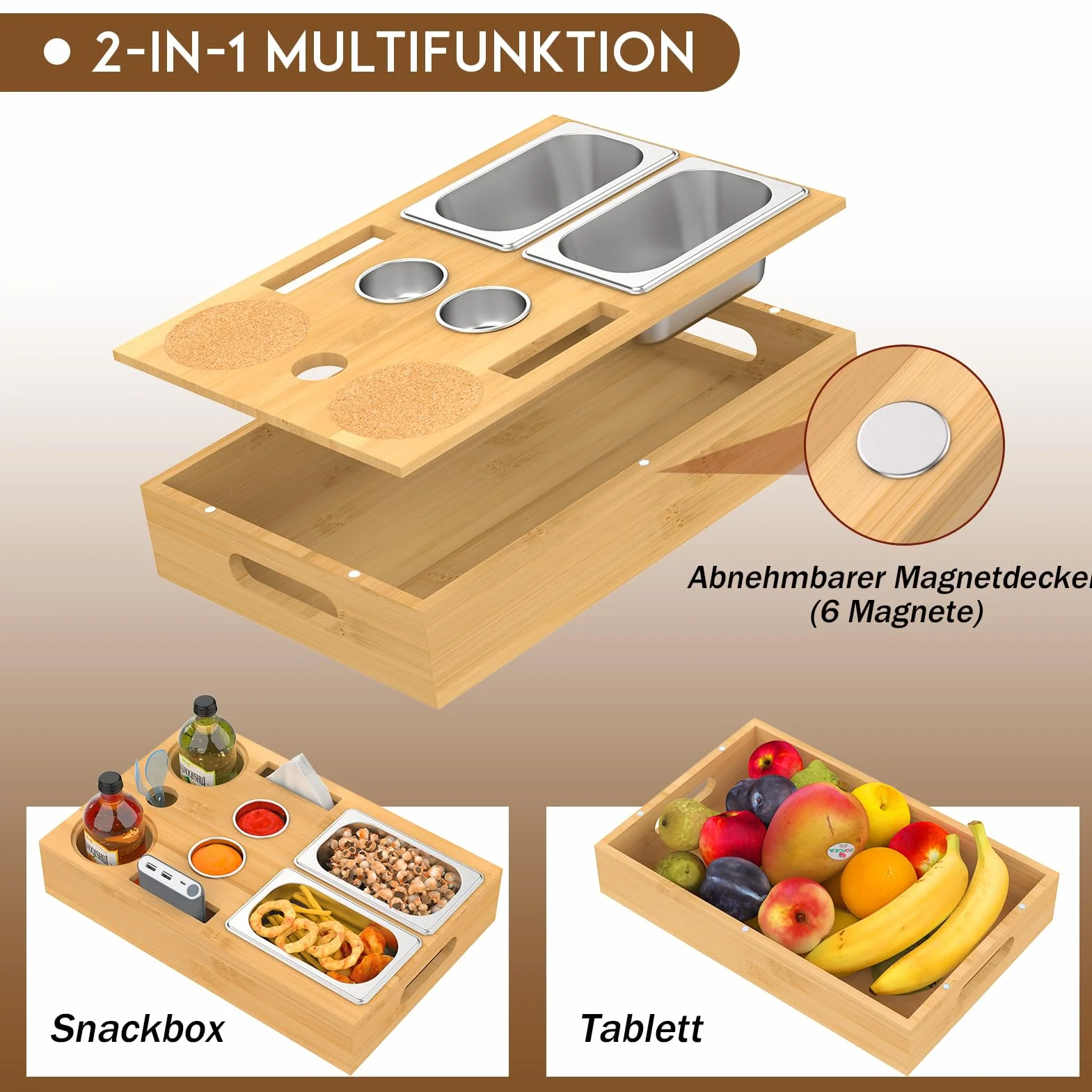 Yeabett Couchbar Snackbox z miseczkami ze stali nierdzewnej, odpinanym magnetycznym wieczkiem, wielofunkcyjna tacka na przekąski