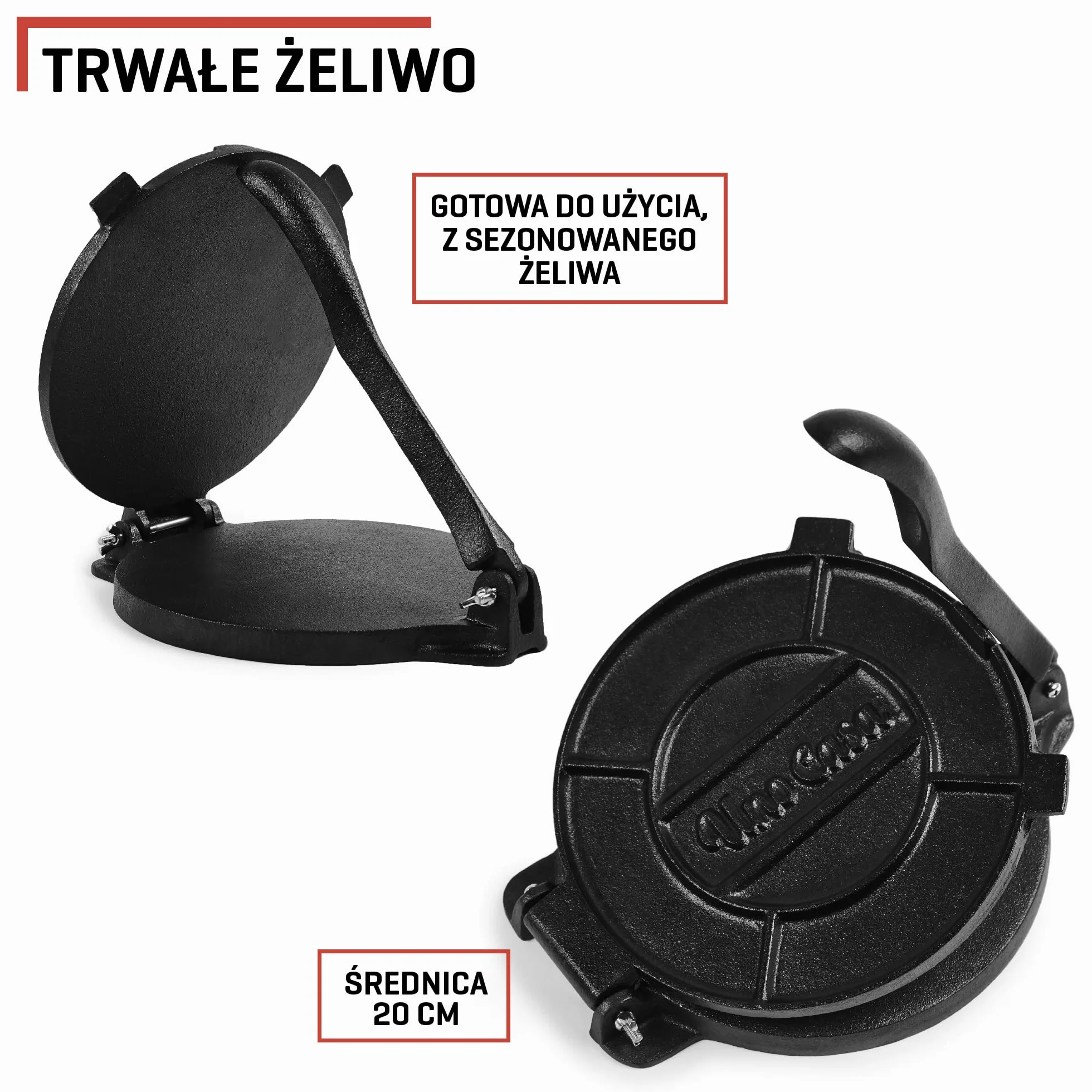 Uno Casa Żeliwna prasa do tortilli 20 cm sezonowana + 100 arkuszy papieru