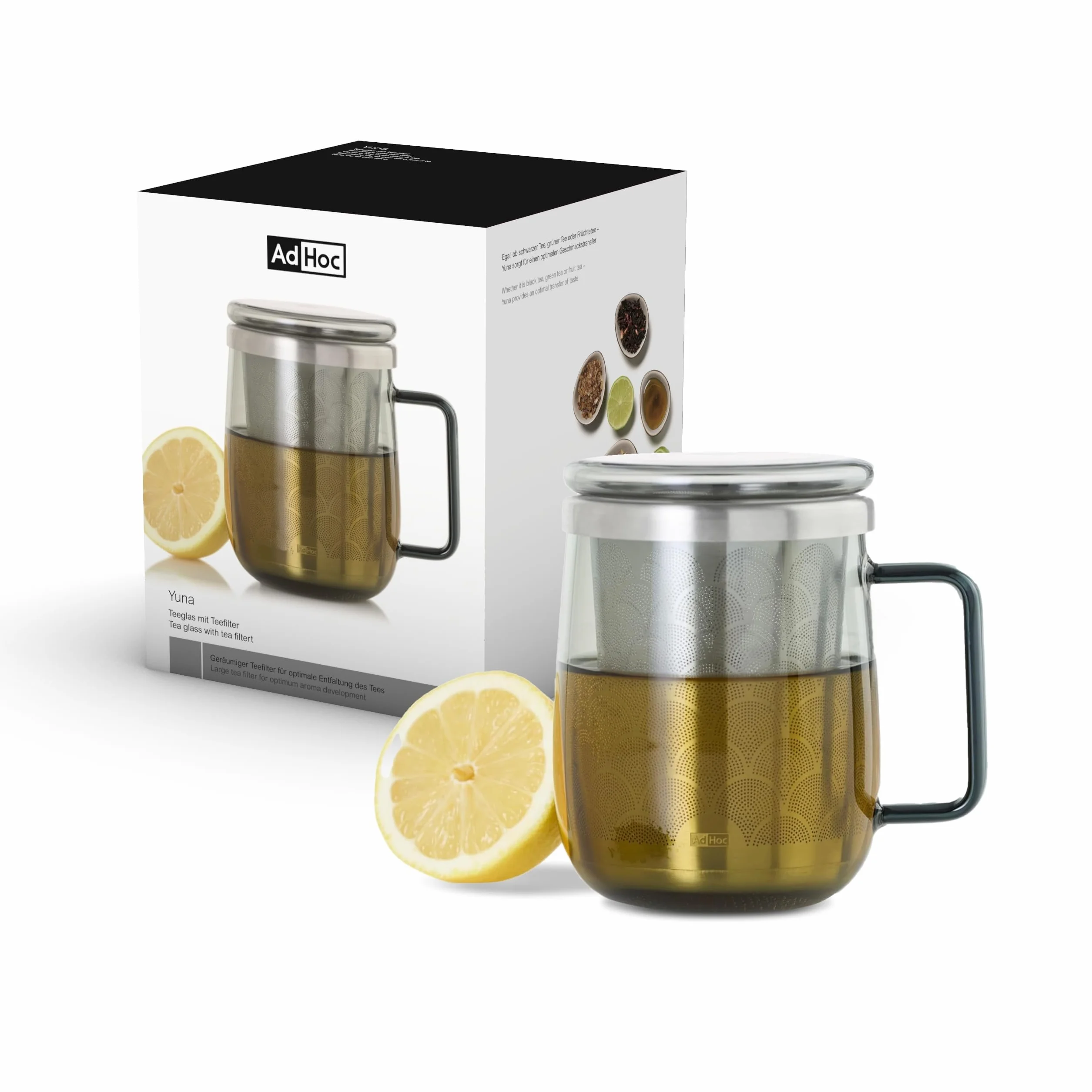 AdHoc Szklanka do herbaty z zaparzaczem/filtrem, 560 ml, szkło borokrzemowe, pokrywka w zestawie