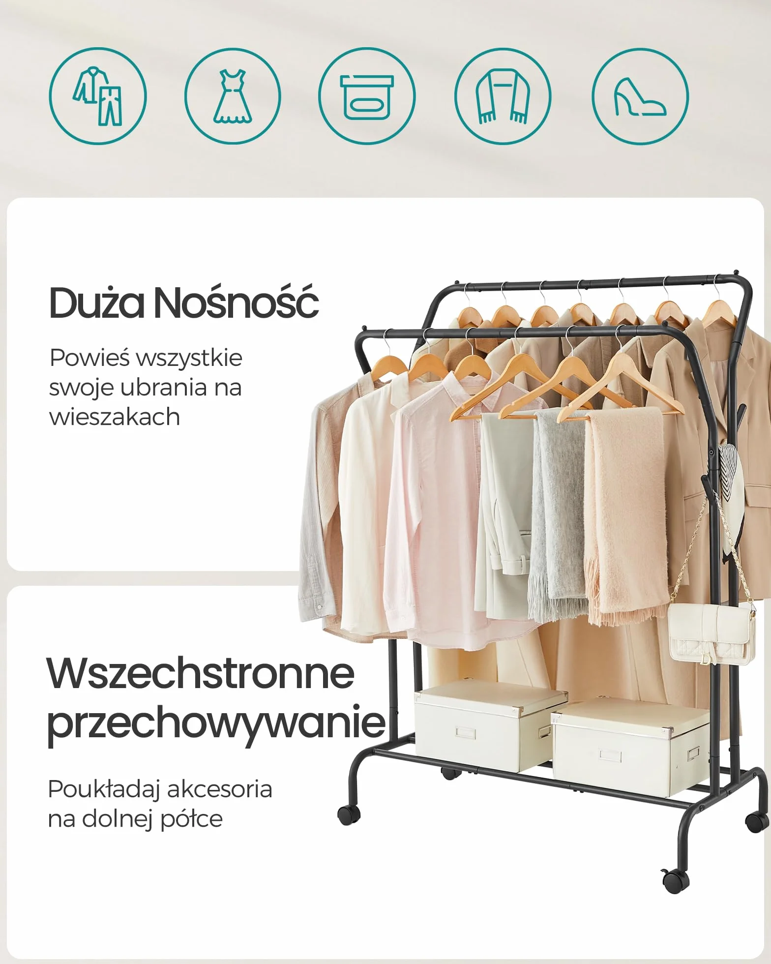 SONGMICS Wieszak na ubrania na kółkach, 2 drążki na ubrania, drążek garderobiany z rur stalowych, obciążenie do 100 kg, szerokość 103,5 cm, wielofunkcyjne przechowywanie, czarny HSR107B01