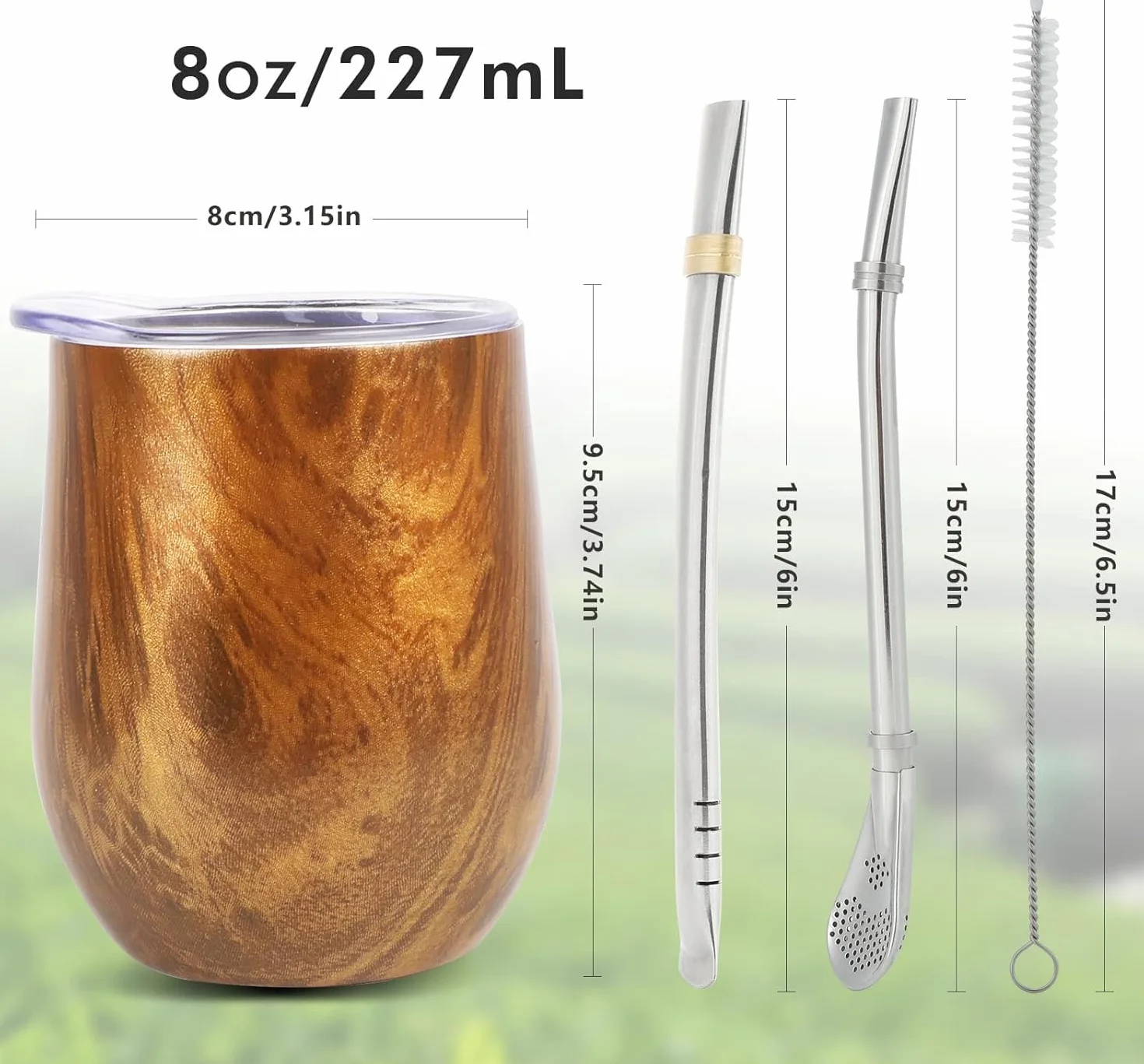 Kubek do herbaty Mate ze stali nierdzewnej, odporny na wysokie temperatury, z pokrywką bez BPA, dwie słomki i szczotka do czyszczenia (kolor słojów drewna)