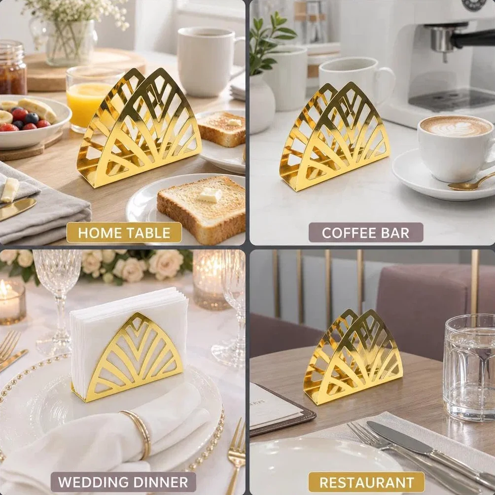 Napkin Holder, Simplicity Stainless, dozownik na chusteczki do blatów kuchennych, stalowy trójkąt, tablice obiadowe, złoty, 2 sztuki
