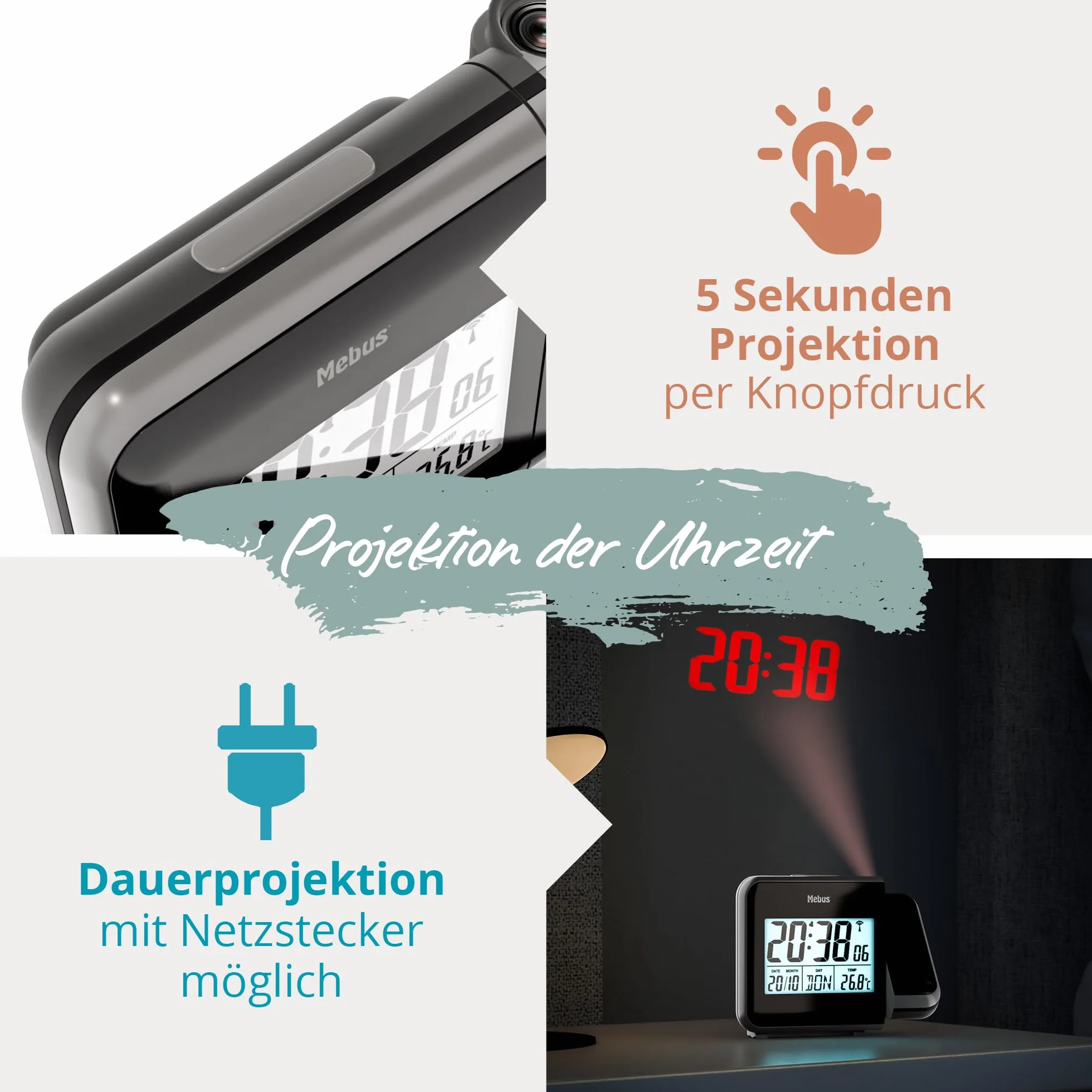 Mebus cyfrowy radiobudzik z projekcją czasu na ścianie sufitowej, w tym wtyczka zasilania, możliwość pracy na baterie, projekcja ciągła, obrotowy, termometr/kolor: czarny/model: 42425