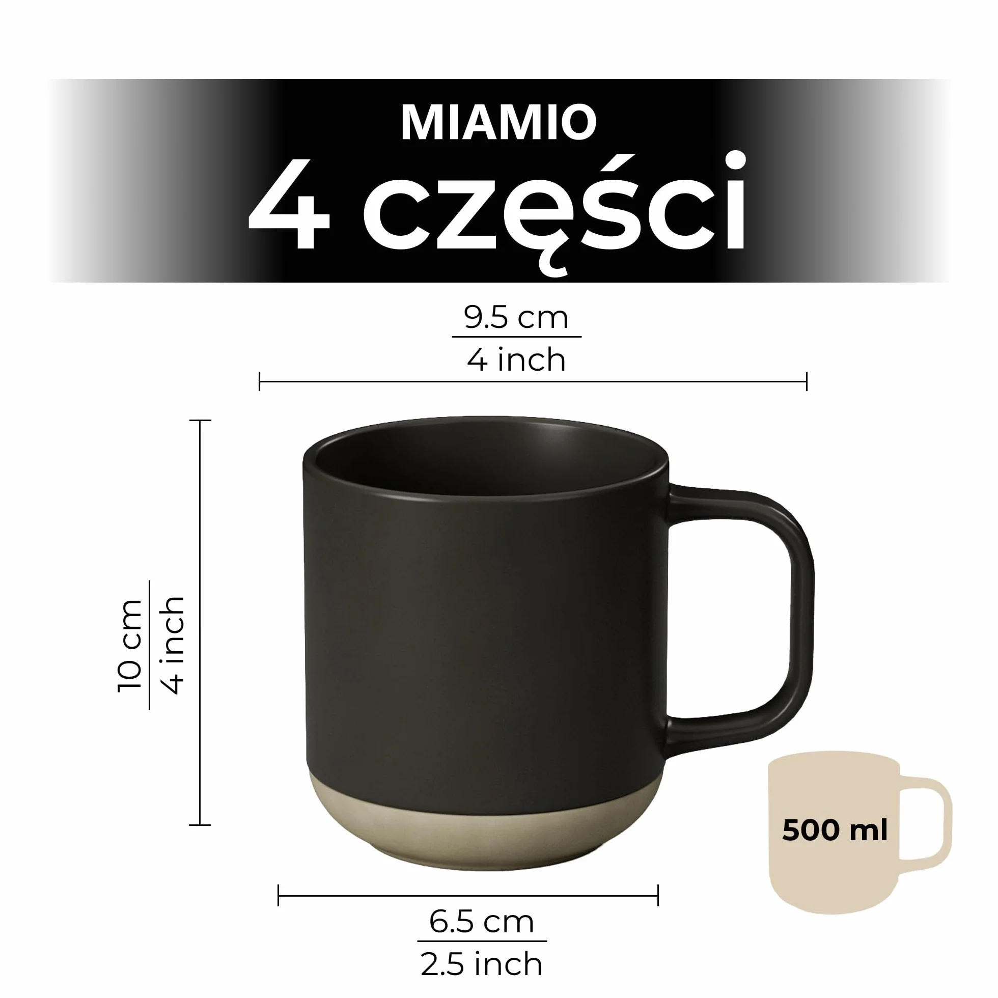 MIAMIO Zestaw 4 Kubków Ceramicznych 500 ml na Kawę Cappuccino Latte Macchiato Herbatę Espresso Kolekcja Sierra Ciemny