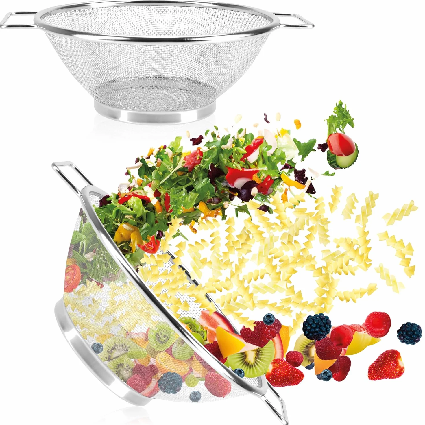 COM-FOUR® 2x durszlak ze stali nierdzewnej - Dwa sitka kuchenne tej samej wielkosci z uchwytami - Drobno perforowane do plukania i odcedzania makaronu, warzyw, owoców i salatki (02 sztuki - Ø20,5cm)
