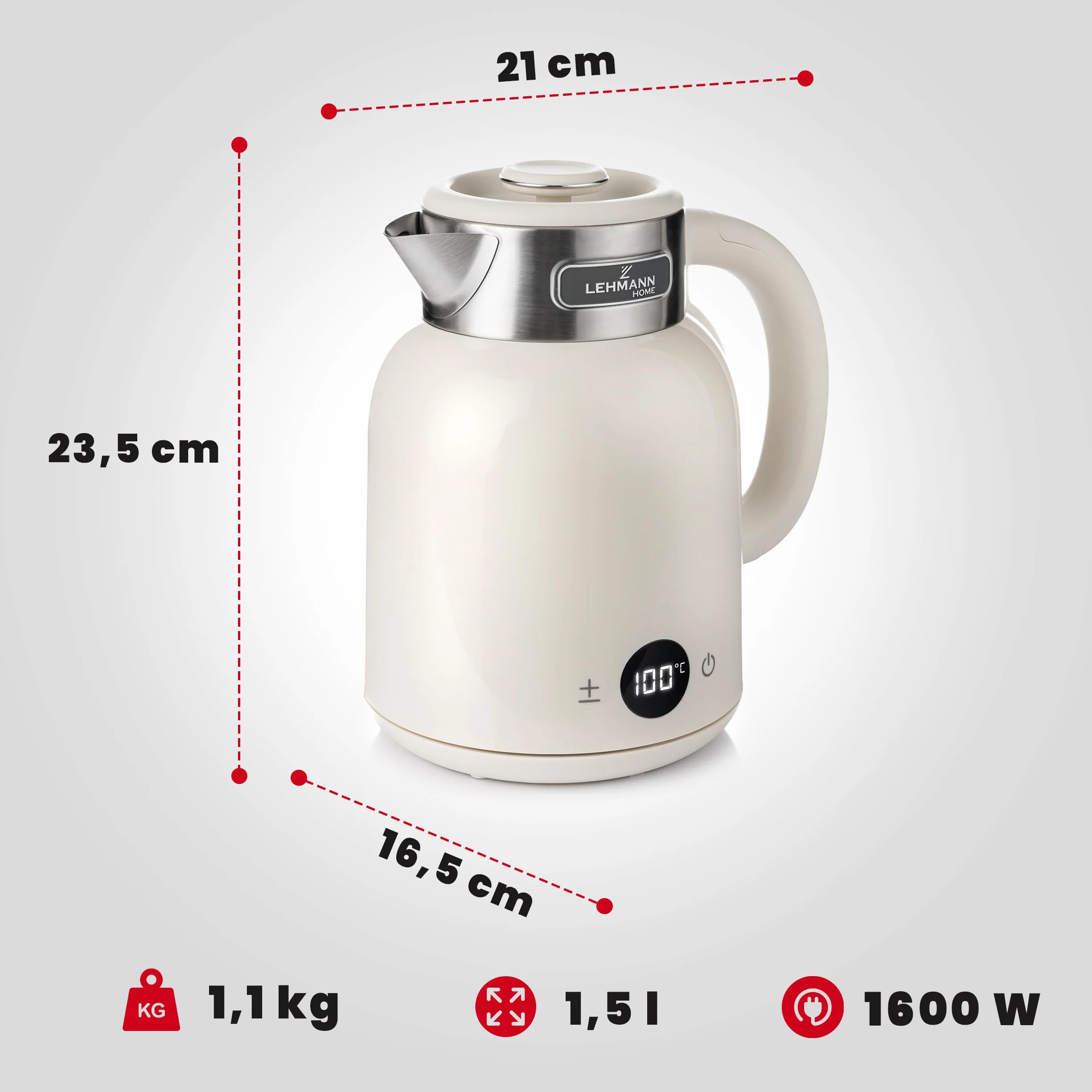 LEHMANN Torino Czajnik elektryczny z regulacją temperatury 40-100°C, 1,5 l, funkcja utrzymania ciepła, szybkie nagrzewanie, wyświetlacz LED, stal nierdzewna, automatyczne wyłączanie