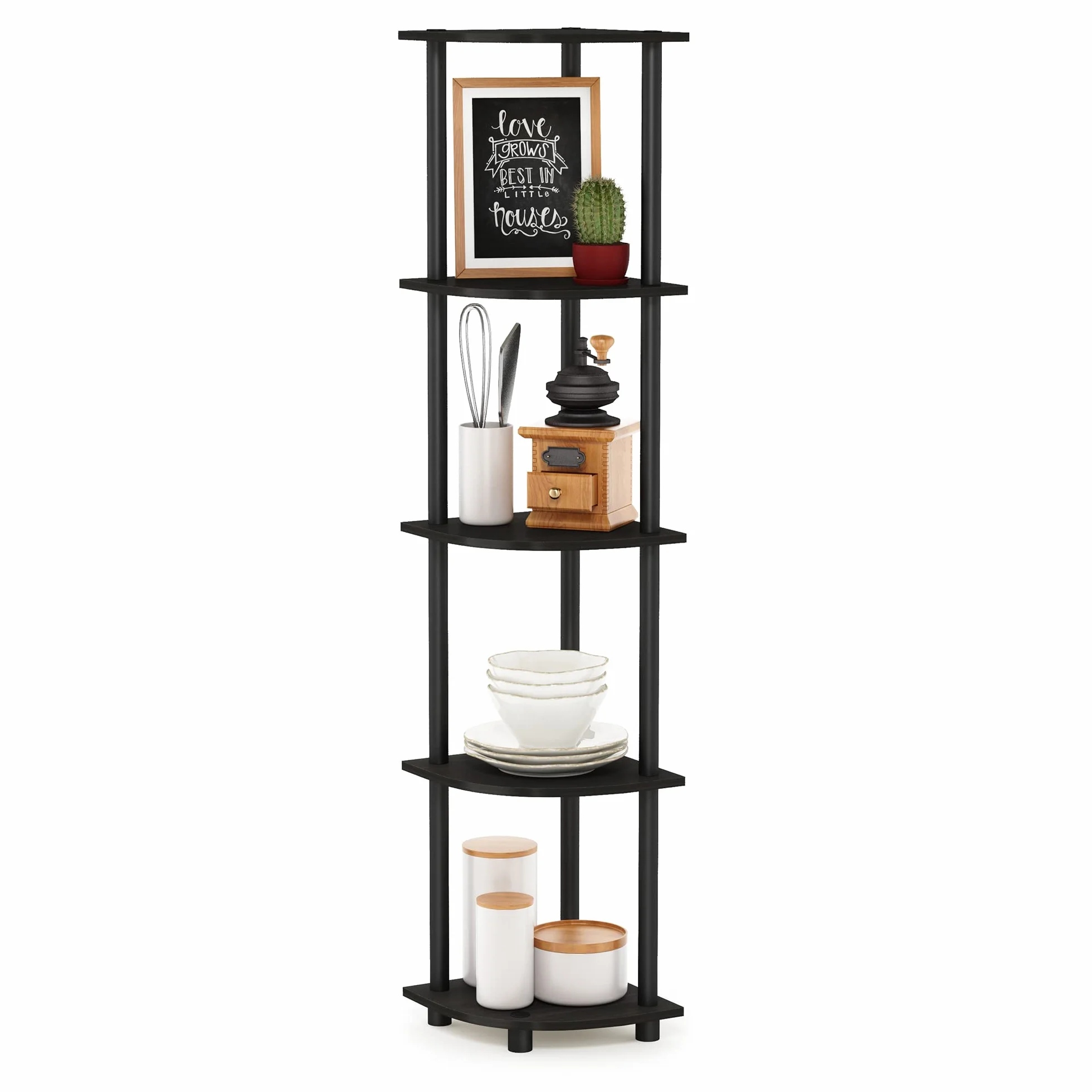 Furinno Regał narożny z 5 poziomami, regał wielofunkcyjny, drewno kompozytowe, rury PCW, espresso/czarny, 29,46 x 29,46 x 146,56 cm