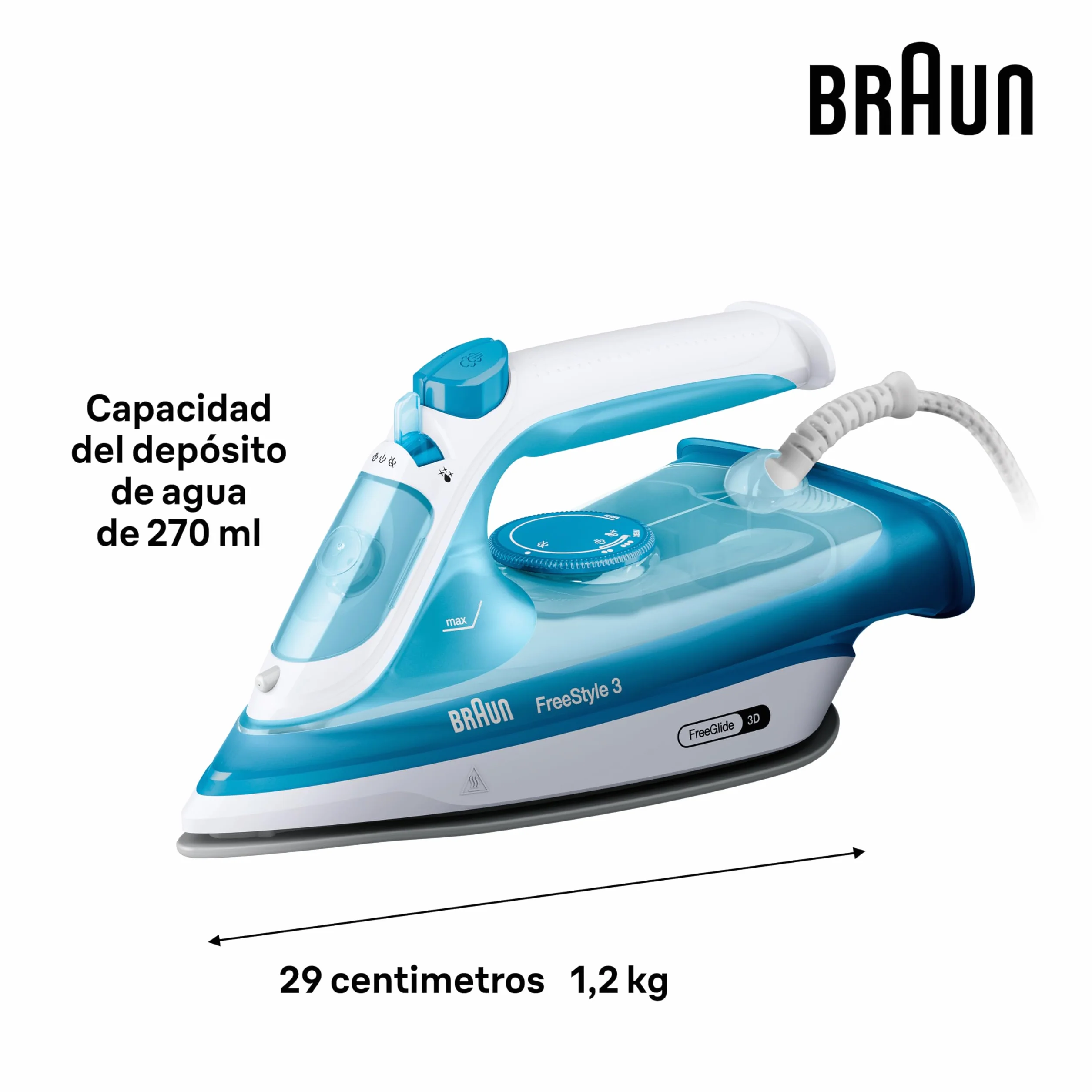 Braun FreeStyle 3 FI3144BL Żelazko parowe 2400W FreeGlide 3D SuperCeramic Niebieski