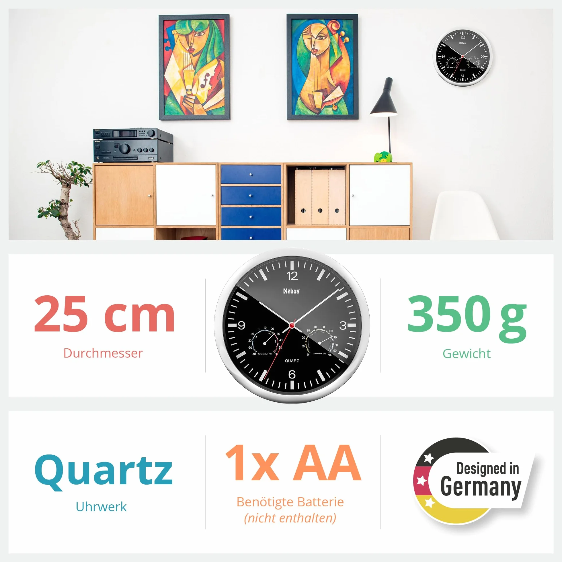 MEBUS Quarz-Wanduhr mit Thermometer und Hygrometer/silberner Rahmen/schwarzes Zifferblatt / 25cm Durchmesser/Rund/Modell: 56731 / Farbe: Silber, Schwarz