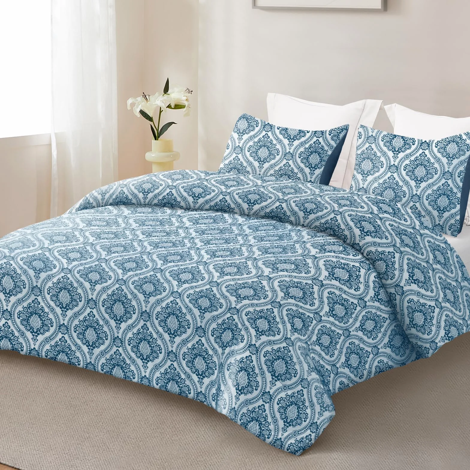 Exclusivo Mezcla Boho adamaszek zestaw pościeli z 2 poszewkami, mikrofibra, granatowy, 220×230 cm
