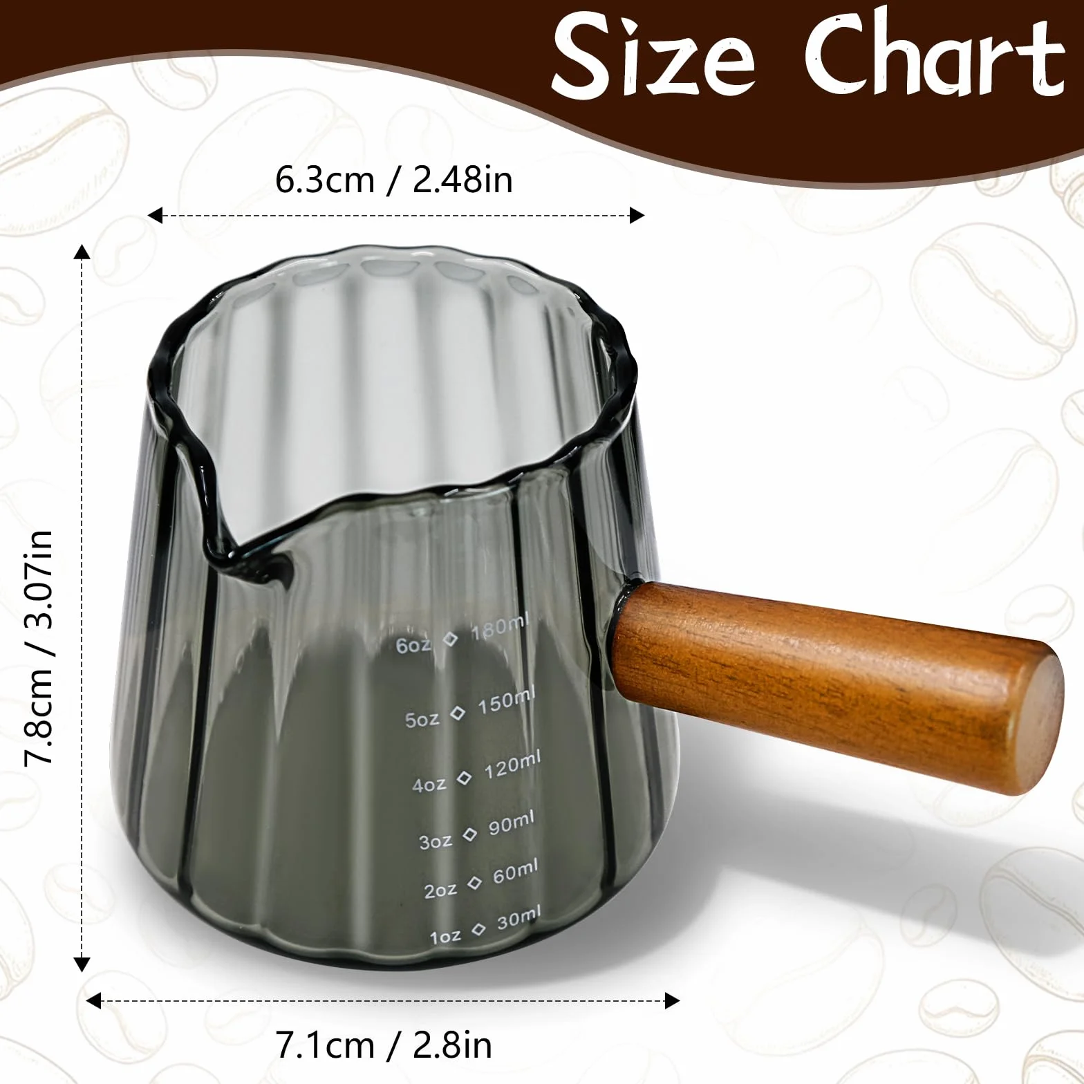 Kubek z miarką do espresso z drewnianym uchwytem, 180 ml / 170 ml szklany kubek pomiarowy z podwójną skalą i otworem w kształcie litery V do ekspresu do kawy