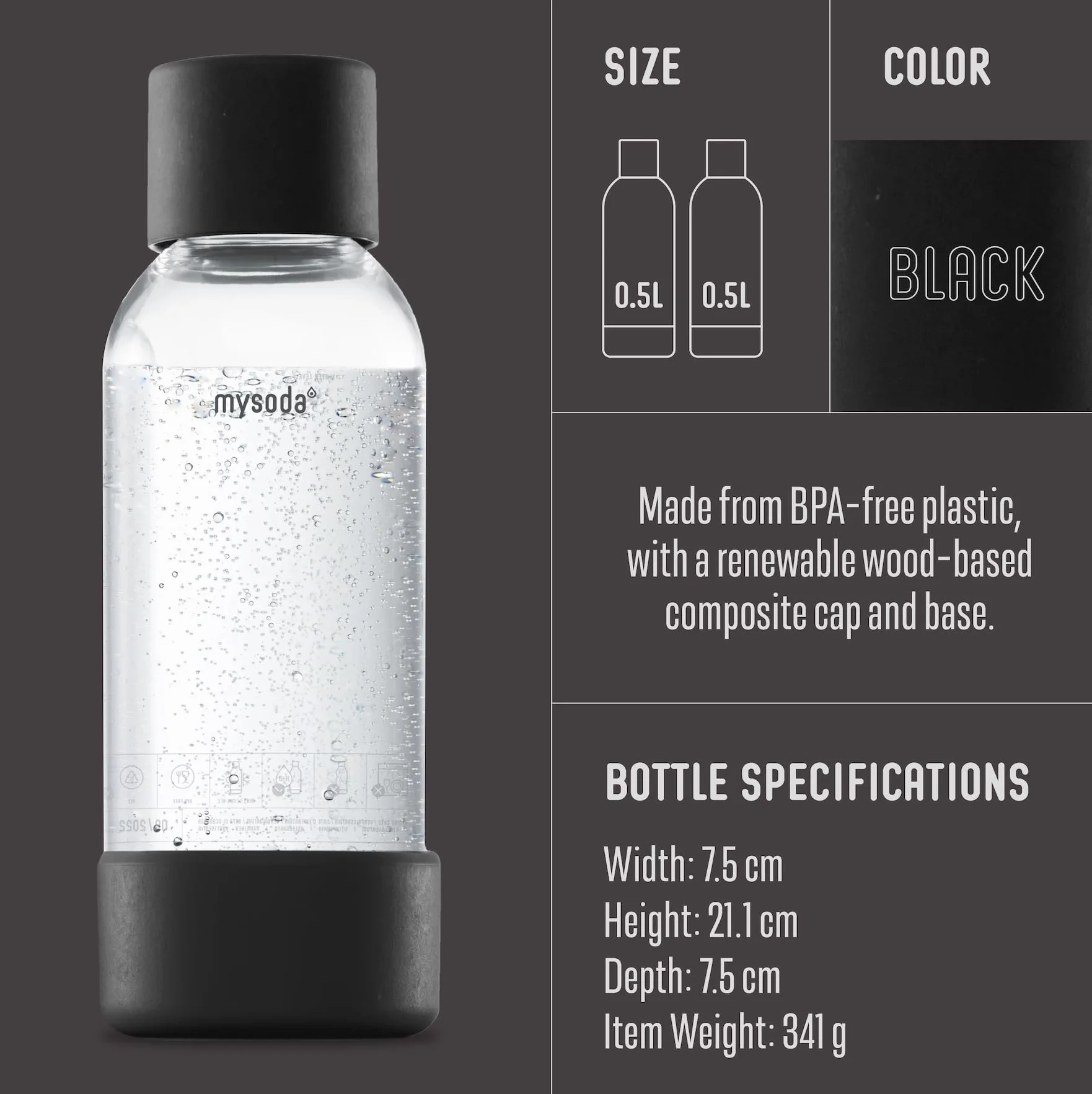 Mysoda: Plastikowa butelka na wodę wielokrotnego użytku, nie zawiera BPA, do saturatora z Quick-Lock, detale kompozytu drewnianego, 2 x 0,5 l – czarna