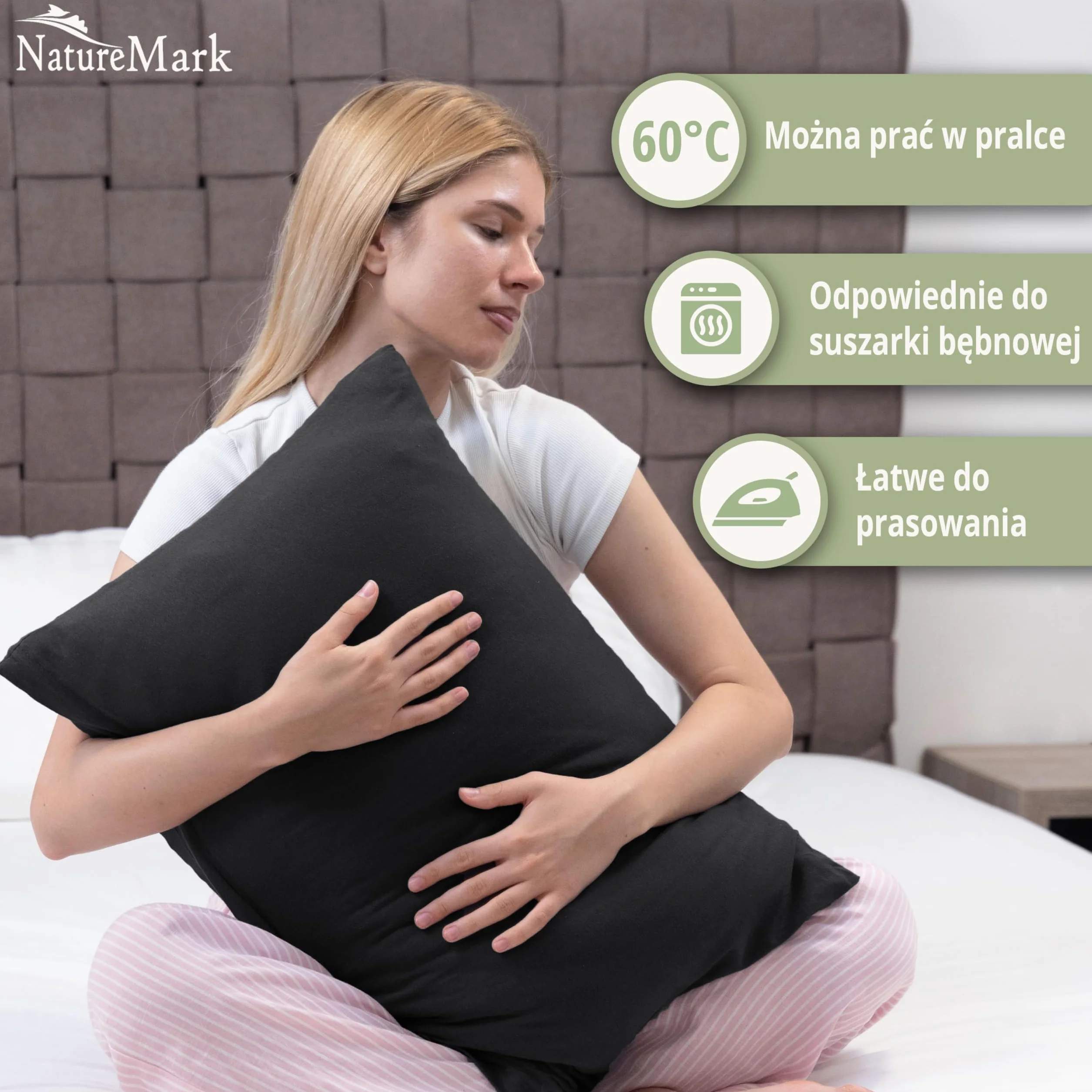 NatureMark Zestaw 2 poszewek na poduszkę z dżerseju, poszewka na poduszkę, poduszka do spania na boku, wiele rozmiarów i kolorów, Öko-Tex (40 x 80 cm, czarna)