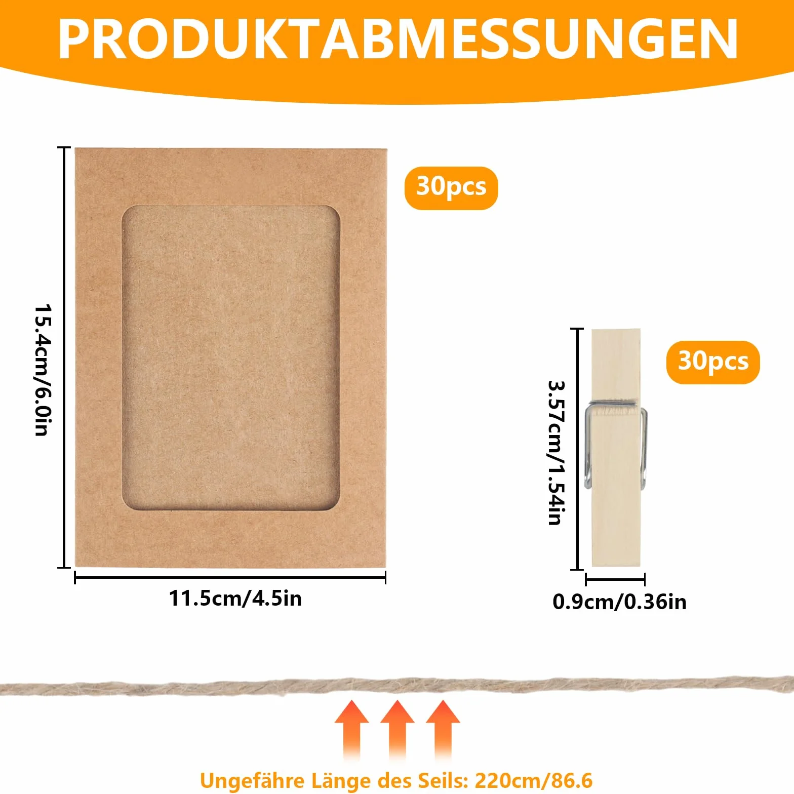 Papierowe ramki na zdjęcia kraft 15,2x11,5 cm zestaw 30 szt. z drewnianymi klamerkami i liną