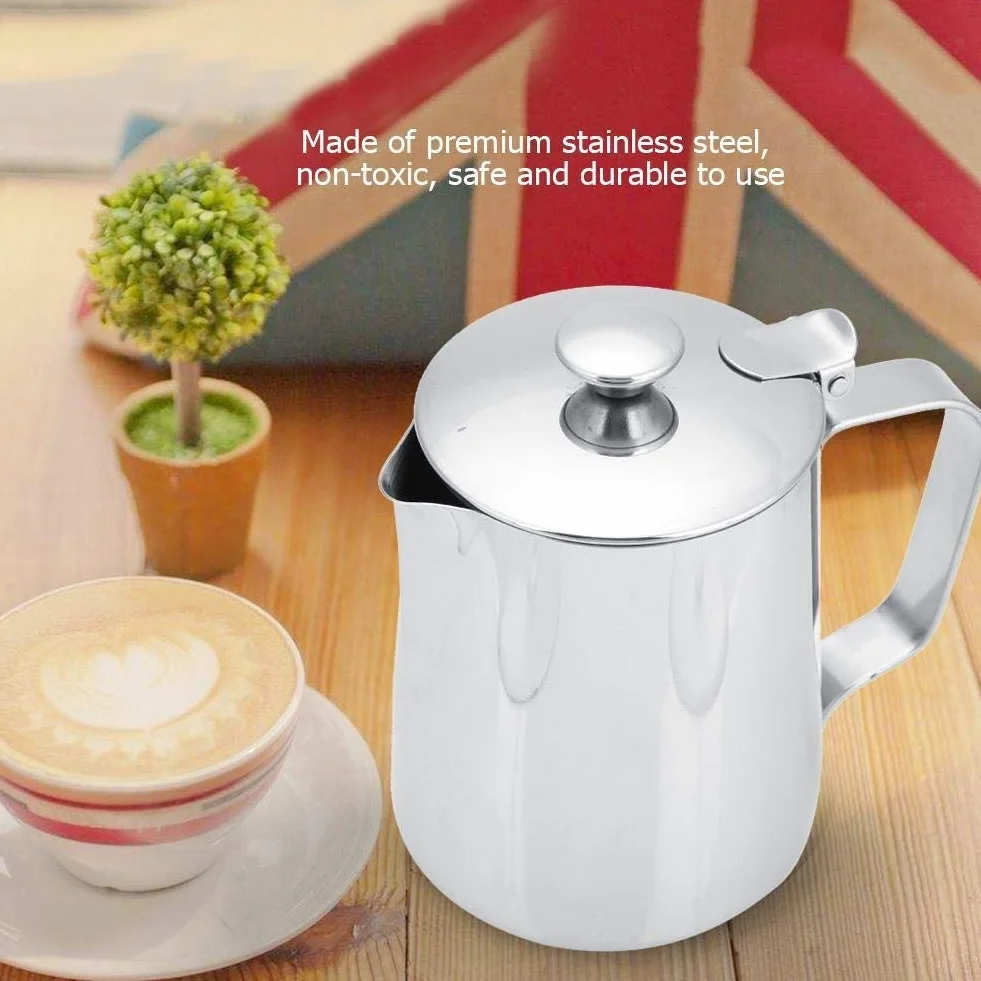 Kubek ze stali nierdzewnej z pokrywką, bez dyszy kapiącej, kubek do kawy, kubek na mleko do kawiarni Latte Art i każdego innego miejsca (rozmiar: 350 ml)