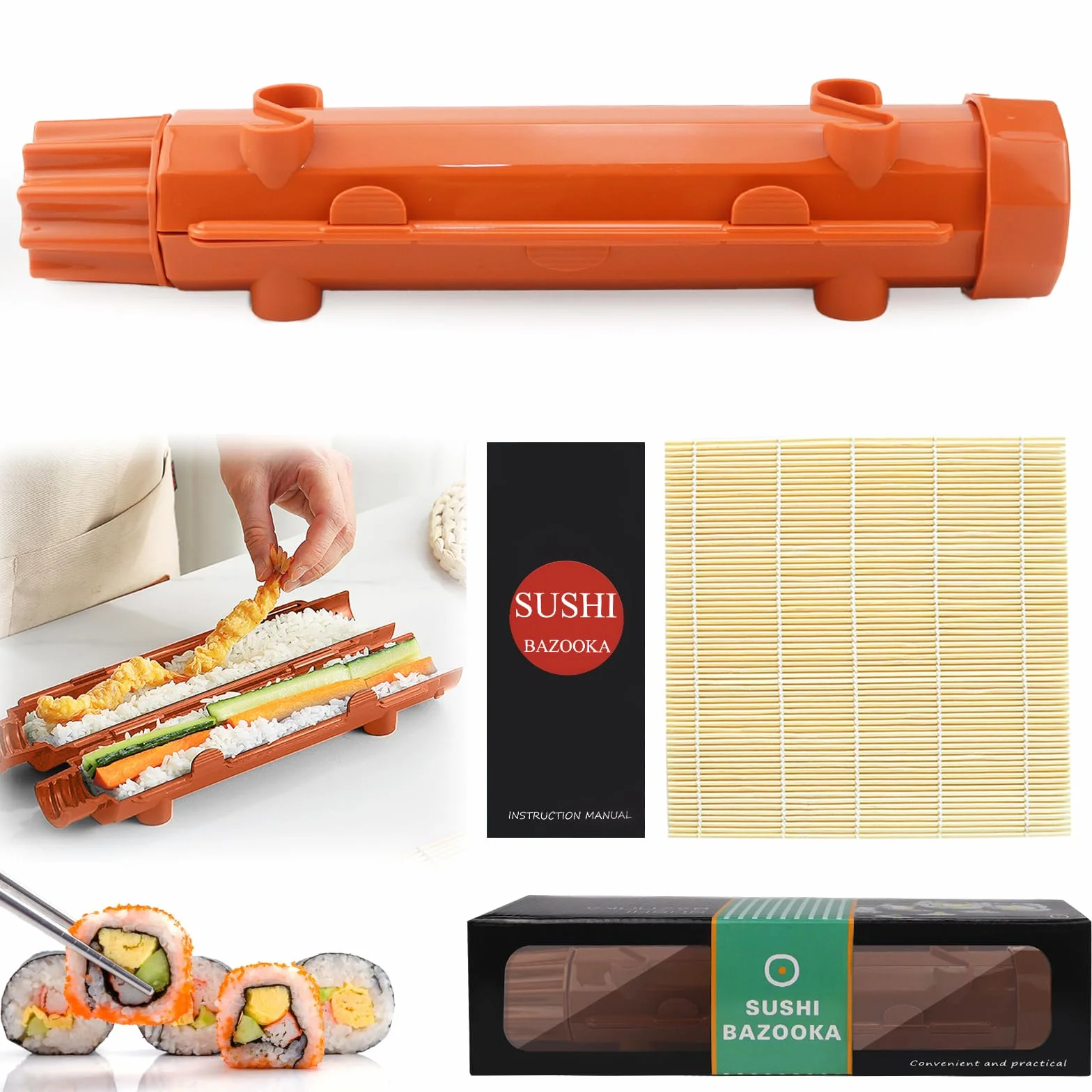 CHRI Bazooka zestaw do sushi, zestaw do sushi do samodzielnego wykonania, wałek do sushi, bazooka i mata bambusowa dla początkujących (pomarańczowa)