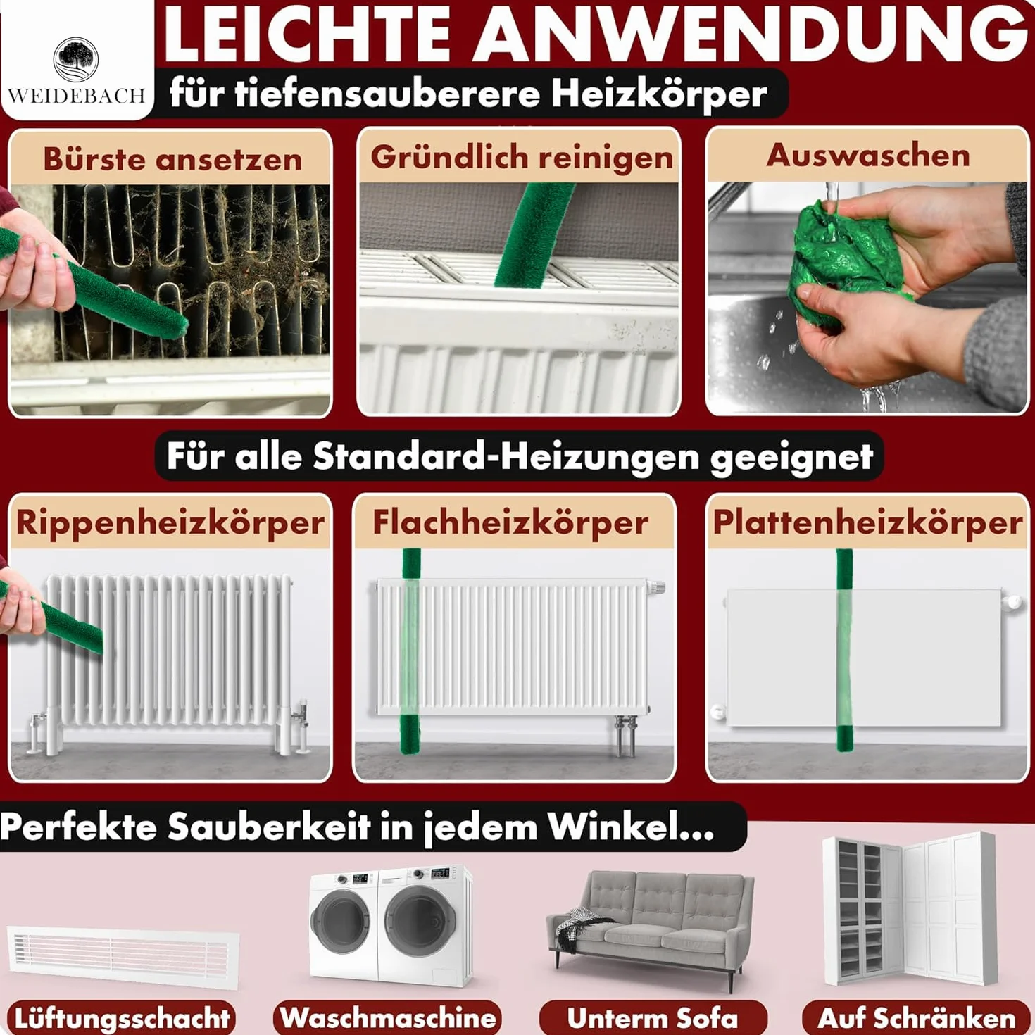 WEIDEBACH® Szczotka do grzejników, V.3.0, 90 cm łączna długość / 40 cm szczecinki z mikrofibry, szczotka do czyszczenia grzejników odporna na sierść zwierząt, szczotka do grzejników pasuje do każdego