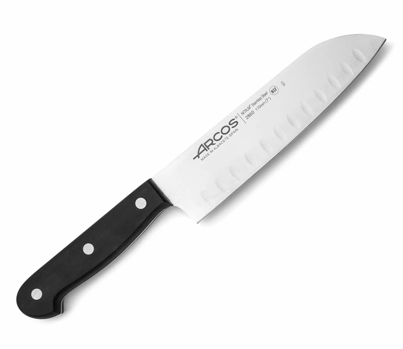 ARCOS Noże Santoku i ze stali. Japoński ostry nóż do ryb, mięsa i warzyw. Ergonomiczna rękojeść z i ostrze o długości 170 mm. Seria Universal. Kolor czarny.