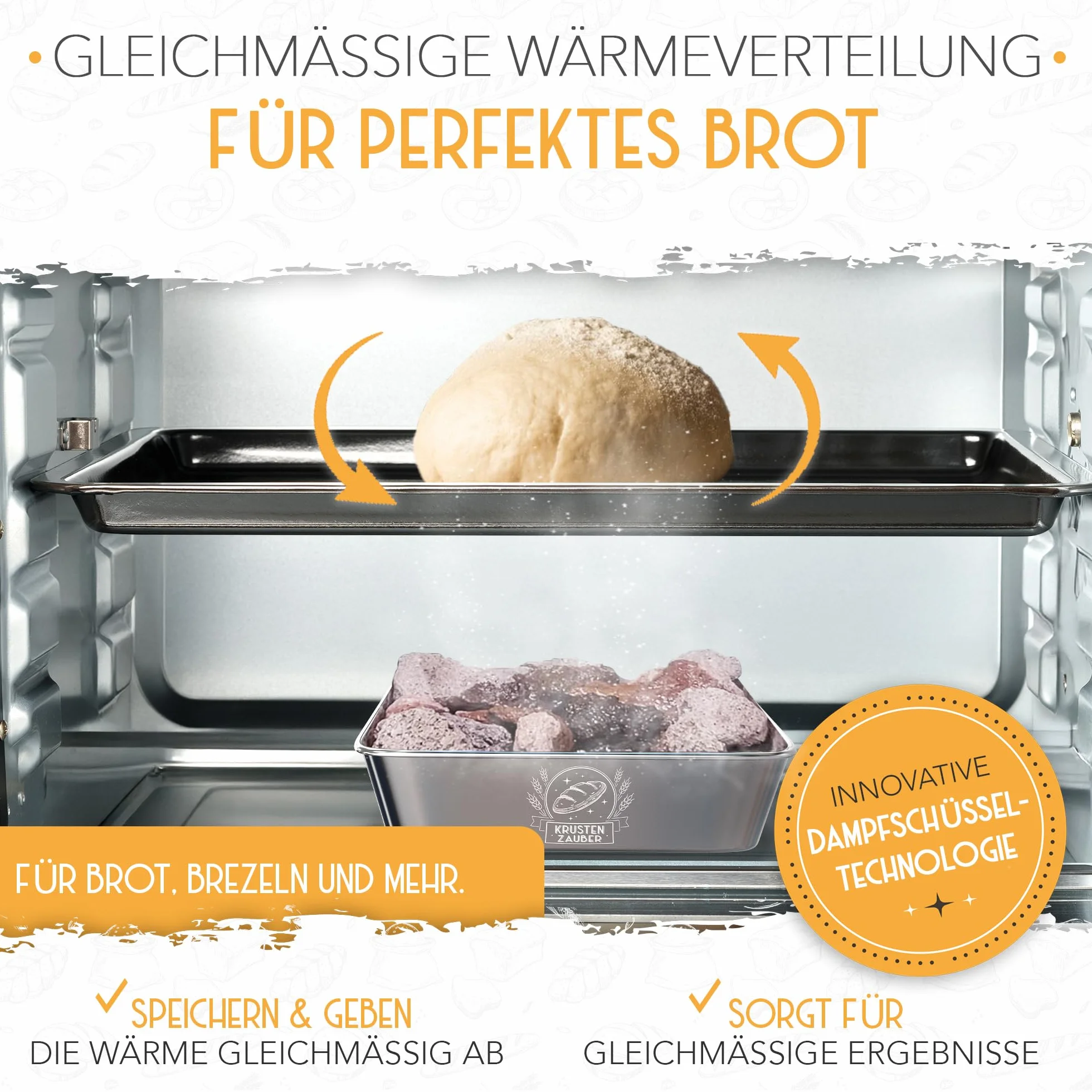 KRUSTENZAUBER Kamienie lawowe do pieczenia chleba, w zestawie miska na parze ze stali nierdzewnej dla optymalnego rozprowadzania ciepła dzięki naturalnej parze wodnej, akcesoria do chleba chrupiącego