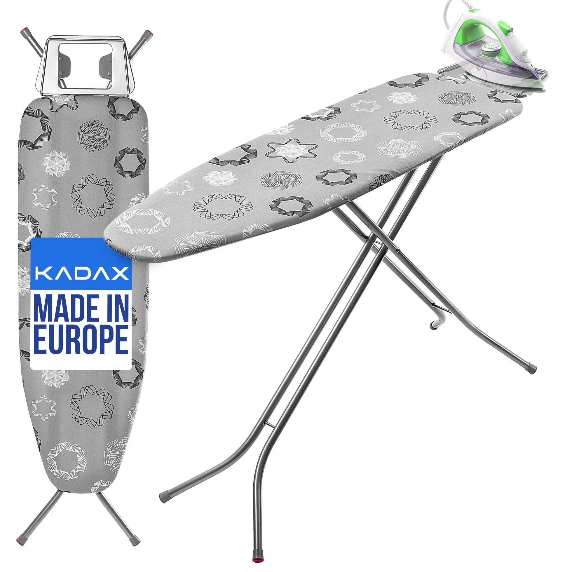 KADAX Deska do prasowania 120x38 cm, składana, z siatką metalową, regulacją wysokości, antypoślizgowymi stopkami i podstawką na żelazko, kolor szary