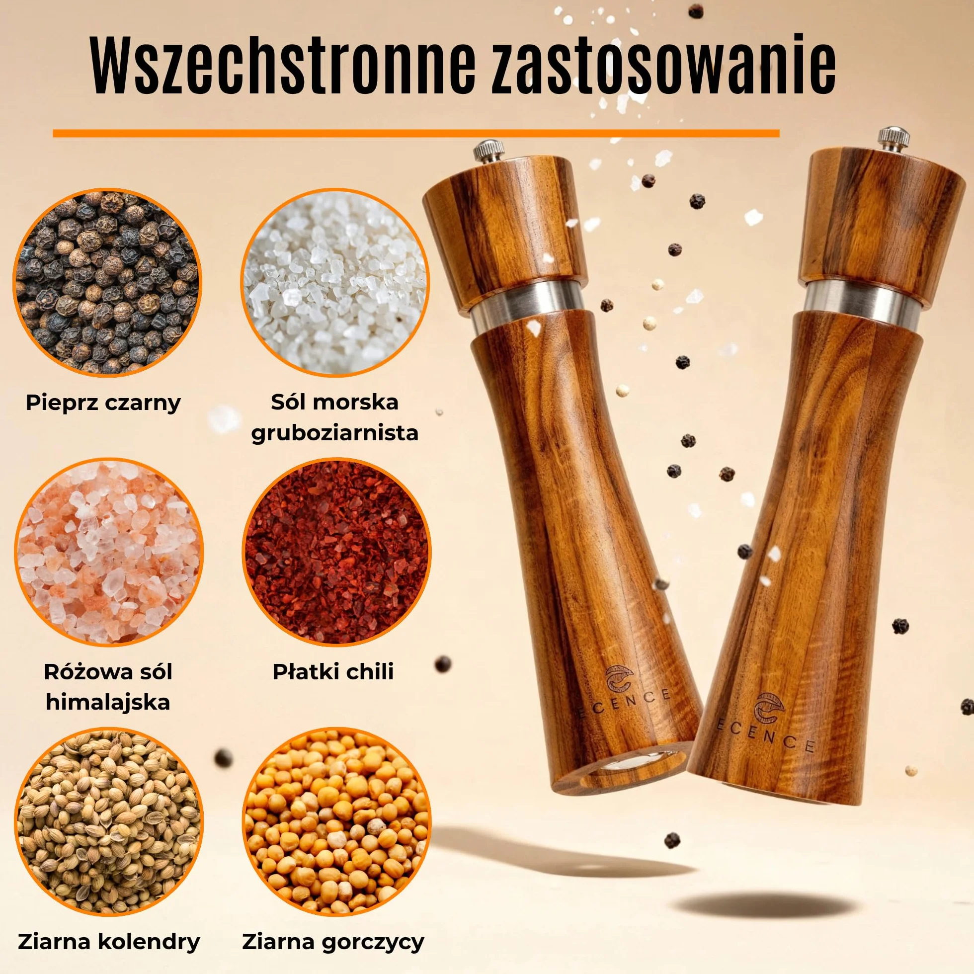 ECENCE Zestaw 2 młynków z drewna akacjowego do soli i pieprzu - z ceramicznym mechanizmem, inkl. pędzelka do czyszczenia i podstawki
