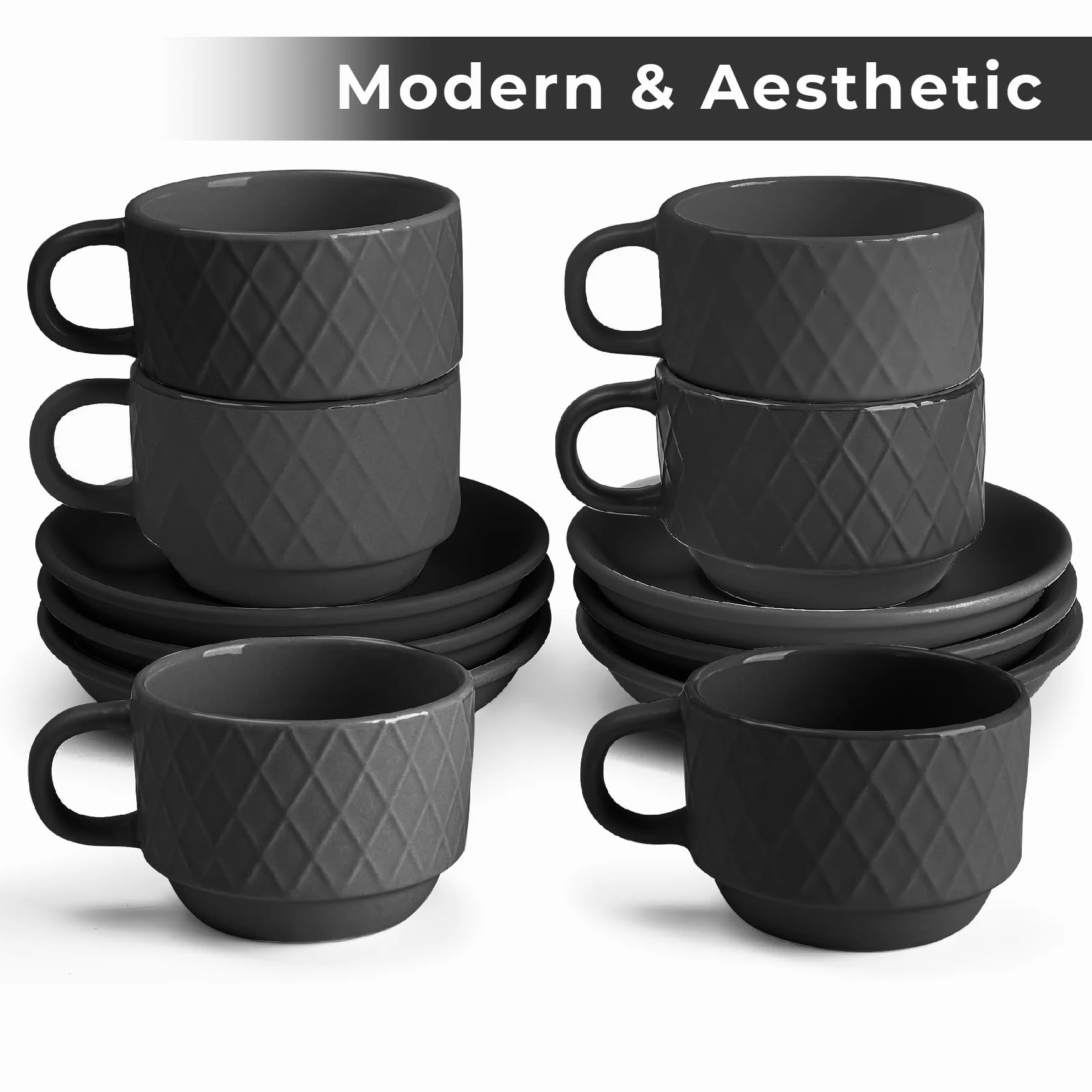MIAMIO 6 x 75 ml kamionkowy kubek do espresso zestaw ze stojakiem i spodkami Palmanova czarny