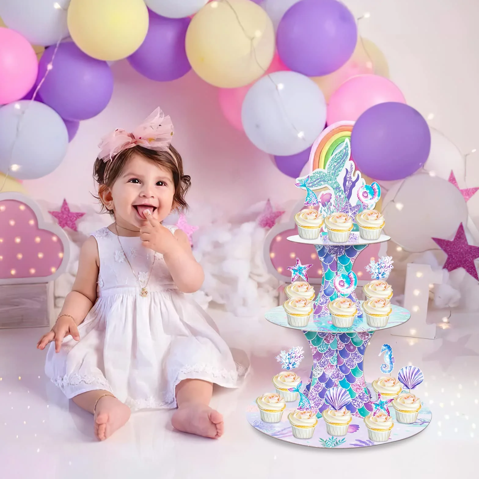 3 poziomy uchwyt na babeczki, stojak na tort syrenki z 12 szt. topper na tort urodzinowy, wieża ekspozycyjna na babeczkę na popołudniową herbatę, deser, owoce, jedzenie