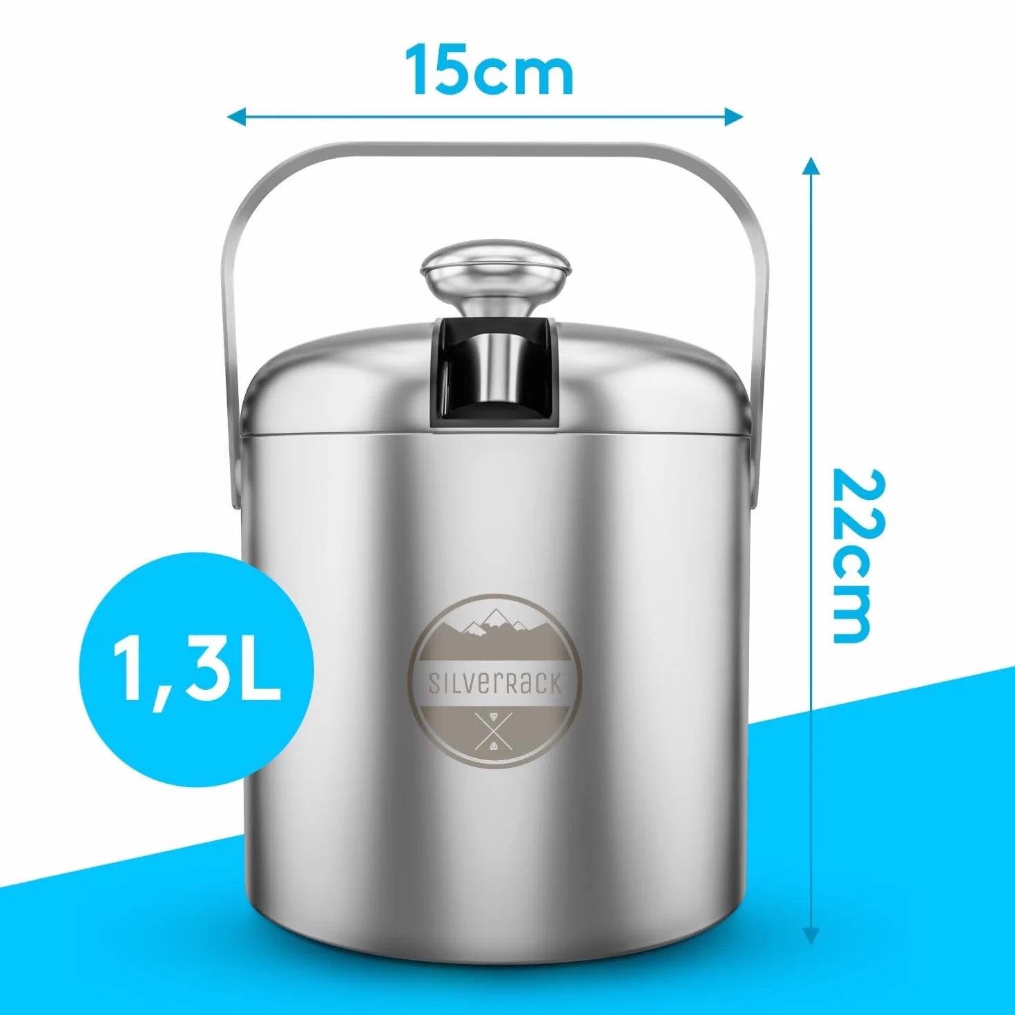 SilverRack tacka do kostek lodu ze stali szlachetnej z pokrywką i szczypcami [1,3 l] - pojemnik na kostki lodu idealny na zimne napoje - luksusowy kübel do lodu jako tacka do kostek lodu Ice Bucket