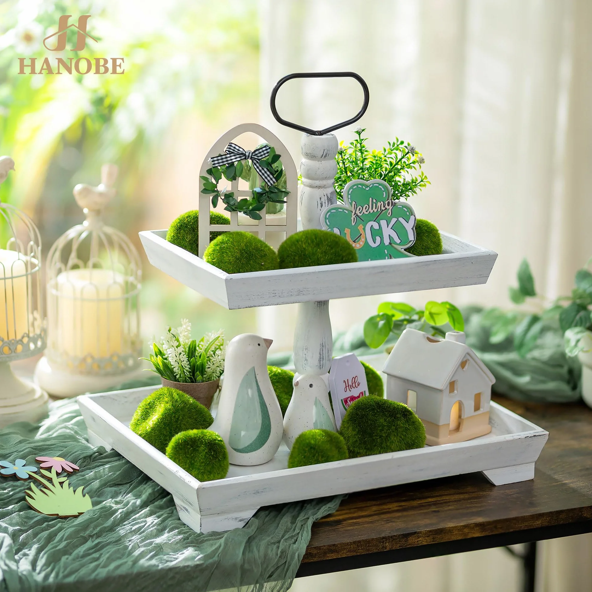 Hanobe Tiered Tray for Table Decor: 2 Tier Serving Stand Farmhouse Decorative Tray for Coffee Bar Centerpiece Rectangle Wood Display Stands Kitchen Counter (Rustic White)