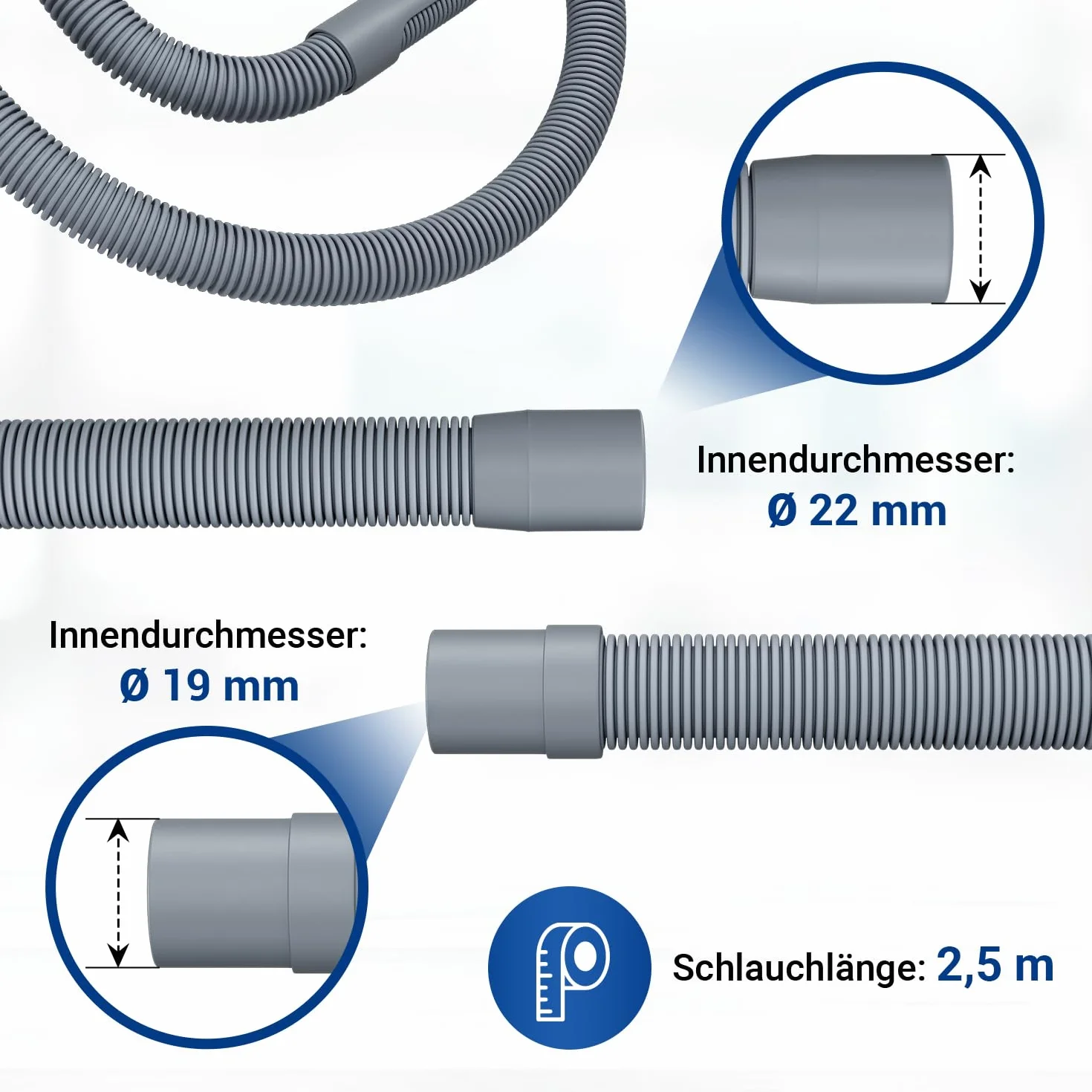 VIOKS Zestaw węży odpływowych do pralki 2,5 m 19/22 mm Ø + obejmy stal nierdzewna 18-28 mm Ø