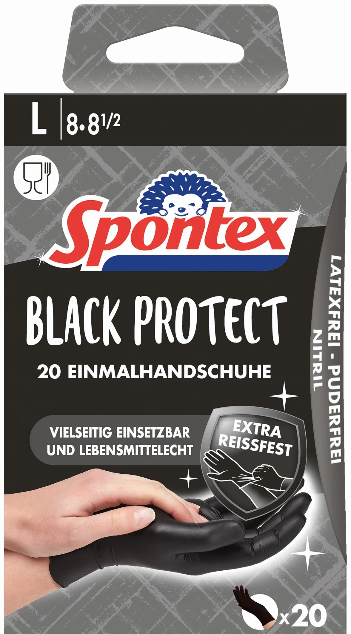 Spontex Black Protect, 20 jednorazowych rękawiczek z nitrylu, wyjątkowo odporne na rozerwanie i wytrzymałe, nie zawierają lateksu i nie pudrowane, rozmiar L (1 x 20 sztuk)