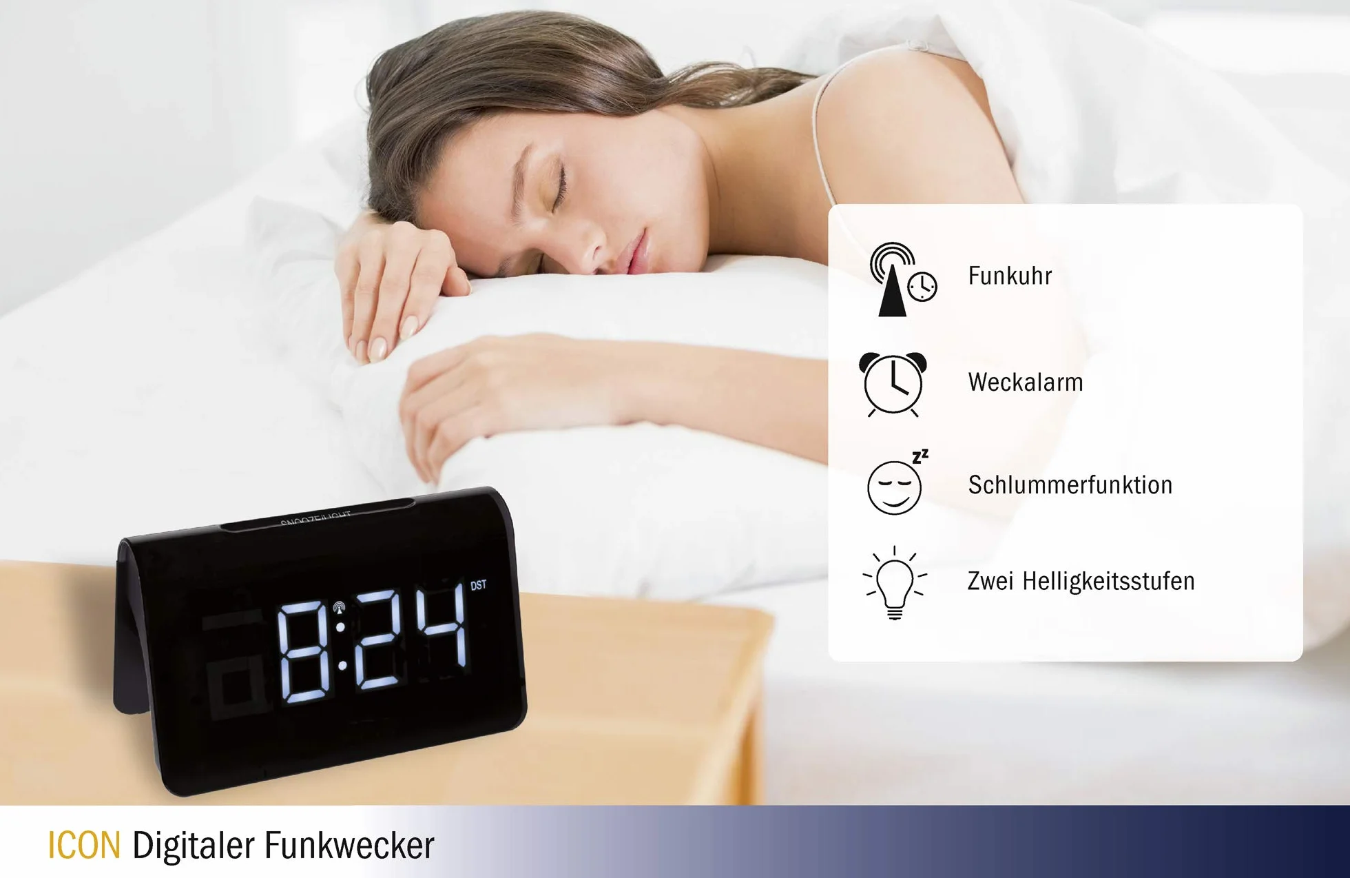 TFA Dostmann ICON cyfrowy budzik radiowy, 60.2543.02, zegar radiowy, tworzywo sztuczne, czarny, dł. 140 x szer. 120 x wys. 120 mm