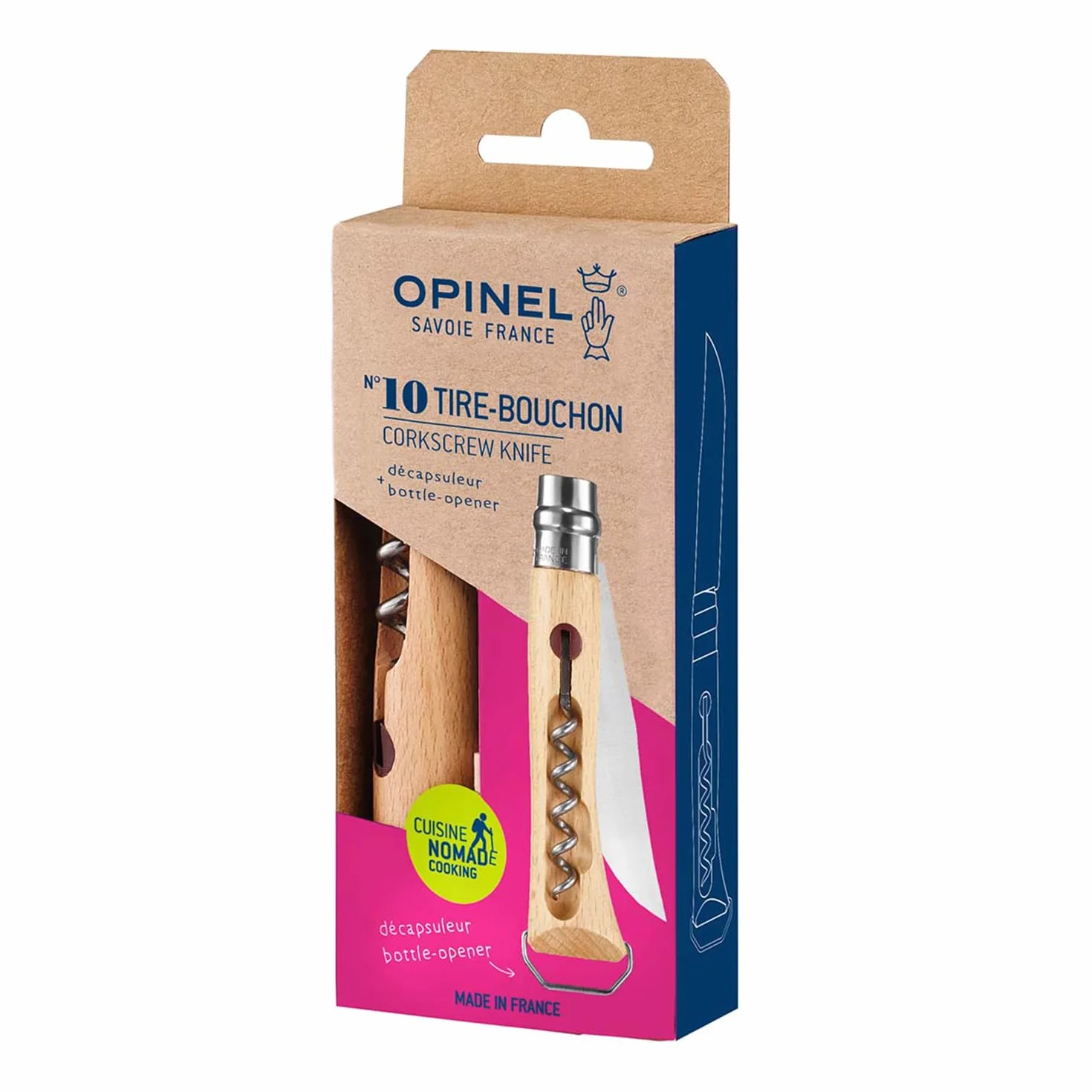 Opinel Scyzoryk nr 10, z korkociągiem i podnośnikiem do kapsli, ze stali nierdzewnej, z uchwytem bukowym, długość ostrza: 10 cm, 254651, brązowy