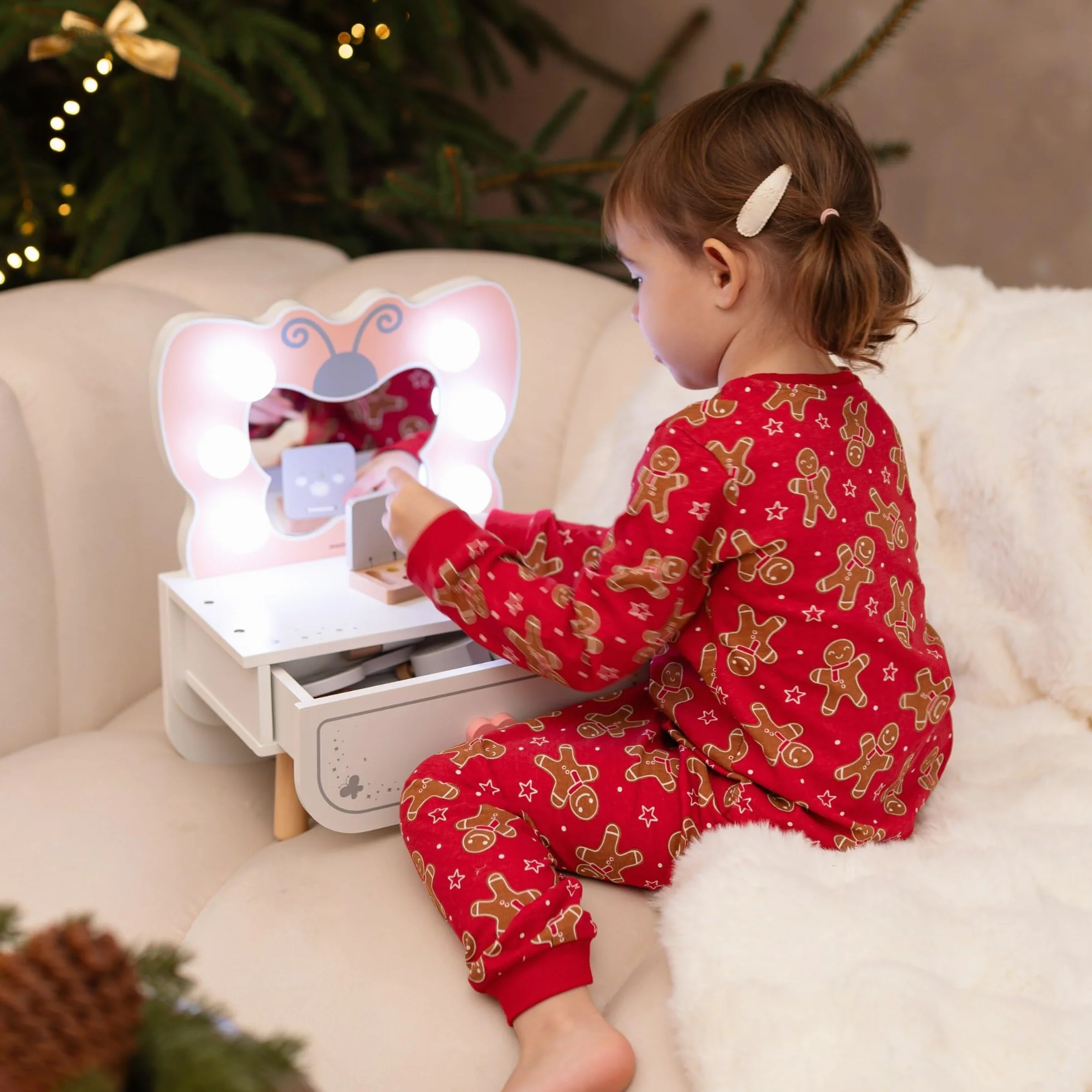 Mamabrum Drewniana Mini Toaletka dla Dzieci z Oświetleniem LED i Lustrem, Motylek, Akcesoria, 3+