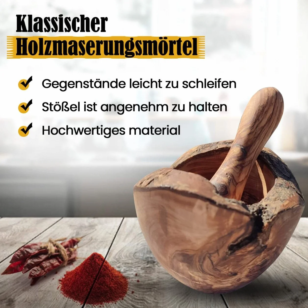 Moździerz z tłuczkiem z drewna oliwkowego ręcznie robiony naturalna krawędź kuchenny ziołowy przyprawowy Ø 12 cm