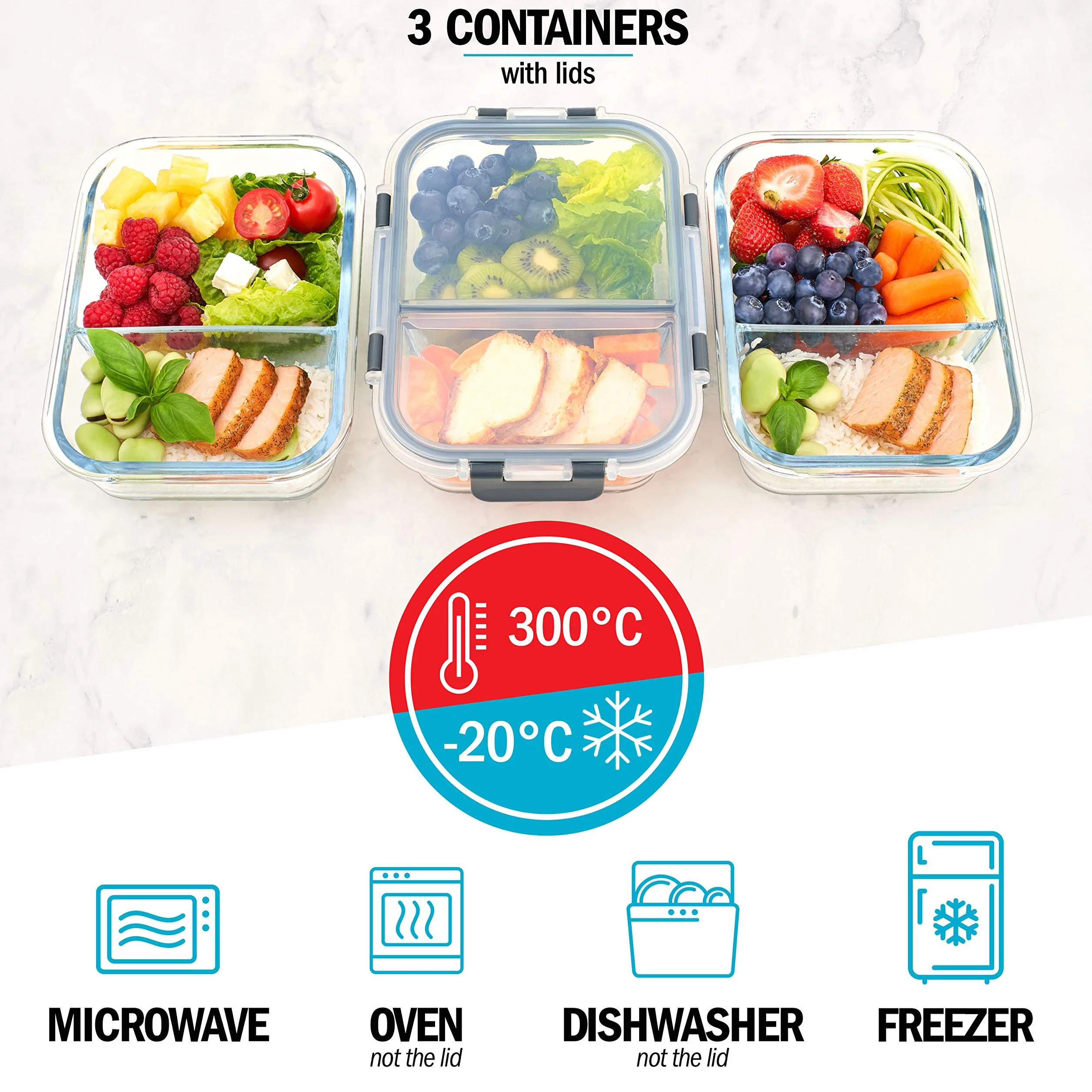 Igluu Meal Prep – Szklane pojemniki na żywność z pokrywkami (3 szt.) – 2 komory – Hermetyczne, Bez BPA – Do piekarnika, mikrofalówki, zamrażarki i zmywarki – 980 ml – Szkło borokrzemowe