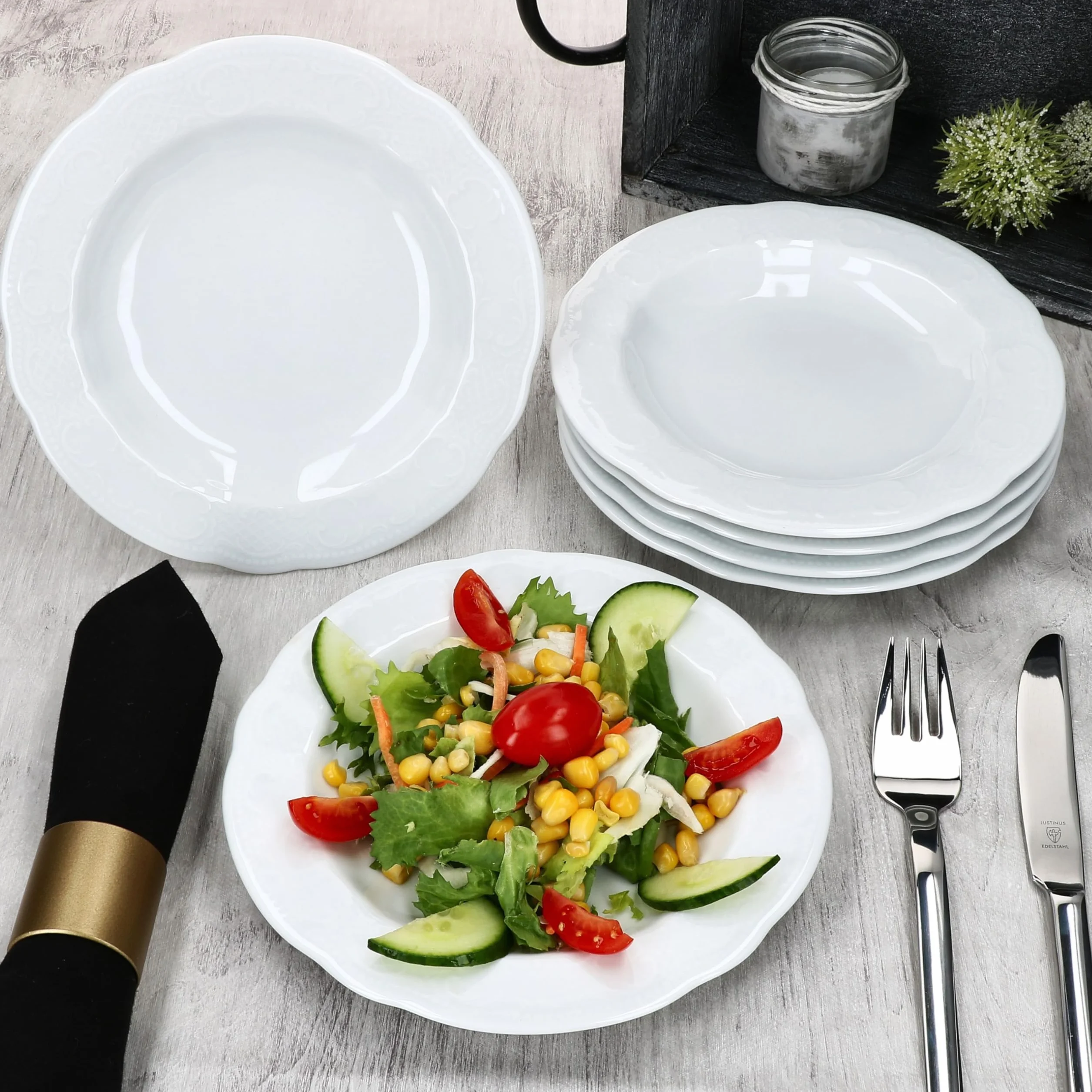Seltmann Weiden Salzburg 6-częściowy zestaw talerzy do sałatek, 100 ml, białe, głębokie talerze porcelanowe z reliefem dla 6 osób, talerze do zupy, makaronu itp.