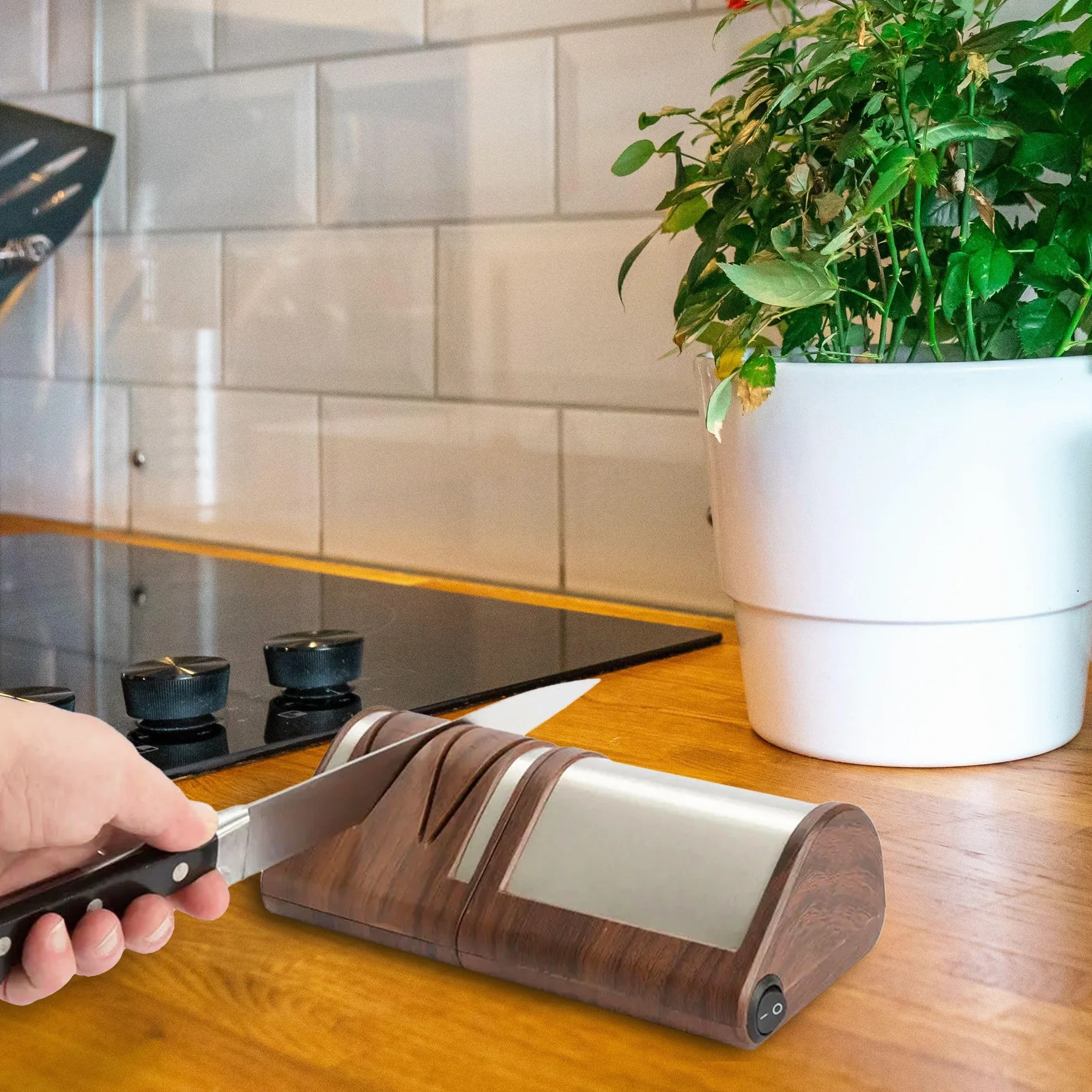 FISHTEC Elektryczna ostrzałka do noży kuchennych – ostrzenie + polerowanie na 2 poziomach – noże metalowe lub ceramiczne – diamentowe tarcze szlifierskie – 21 cm
