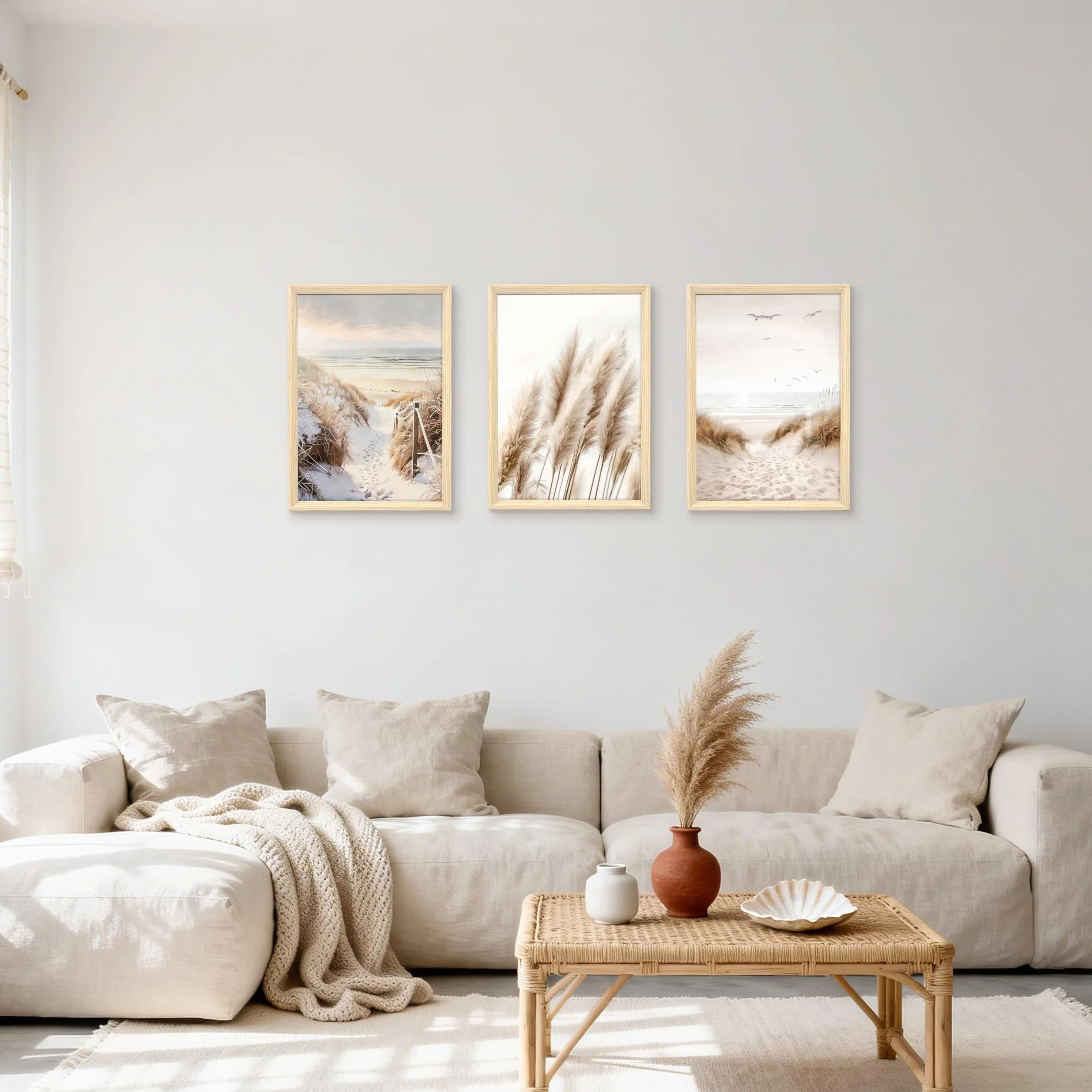 Obraz na płótnie z ramą 40x60 cm Boho Trawa Pampasowa Plaża Bałtycki Krajobraz Morski Dekoracja Ścienna