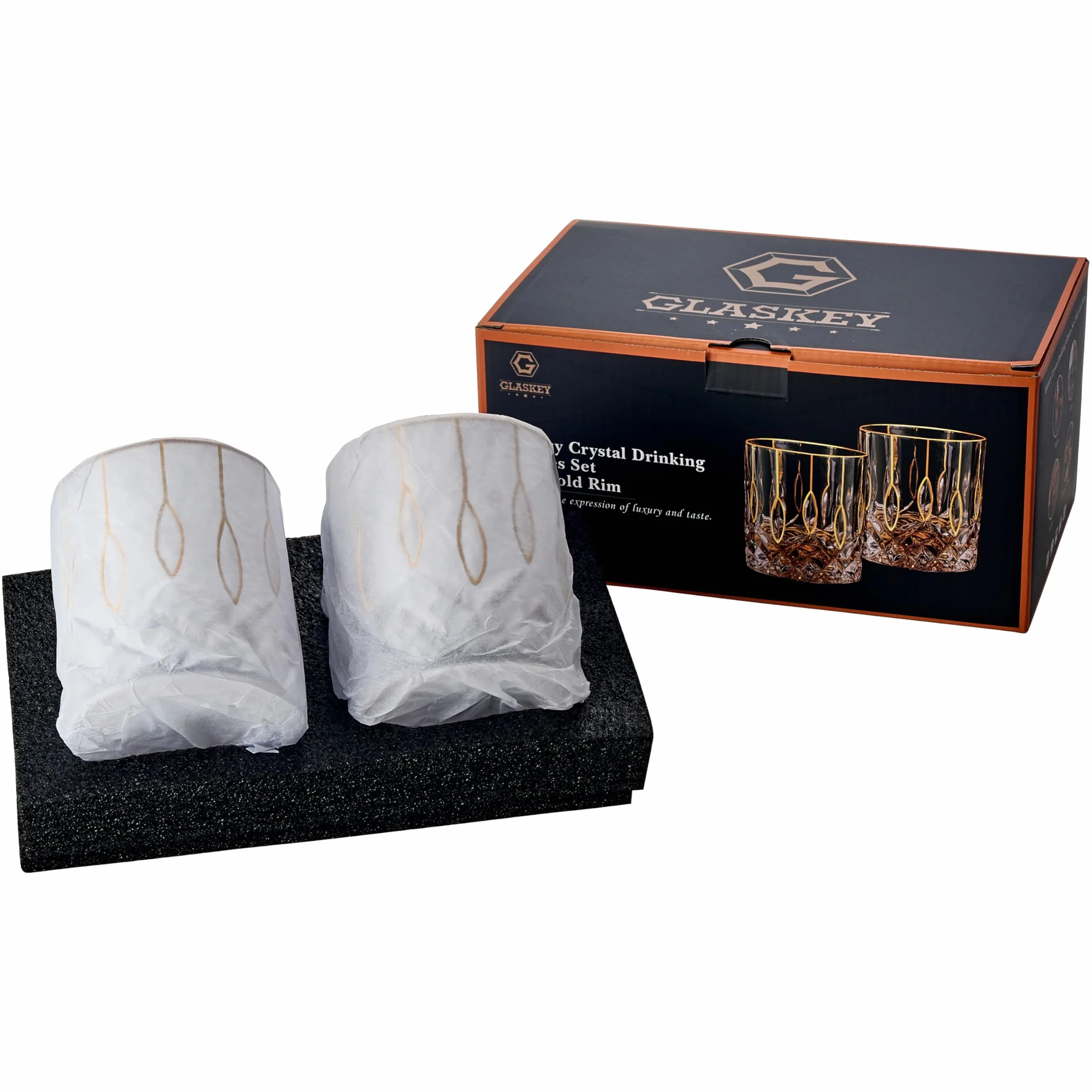 GLASKEY Zestaw 2 Szklanki do Whisky 320 ml Staromodne Kieliszki ze Złotym Rantem